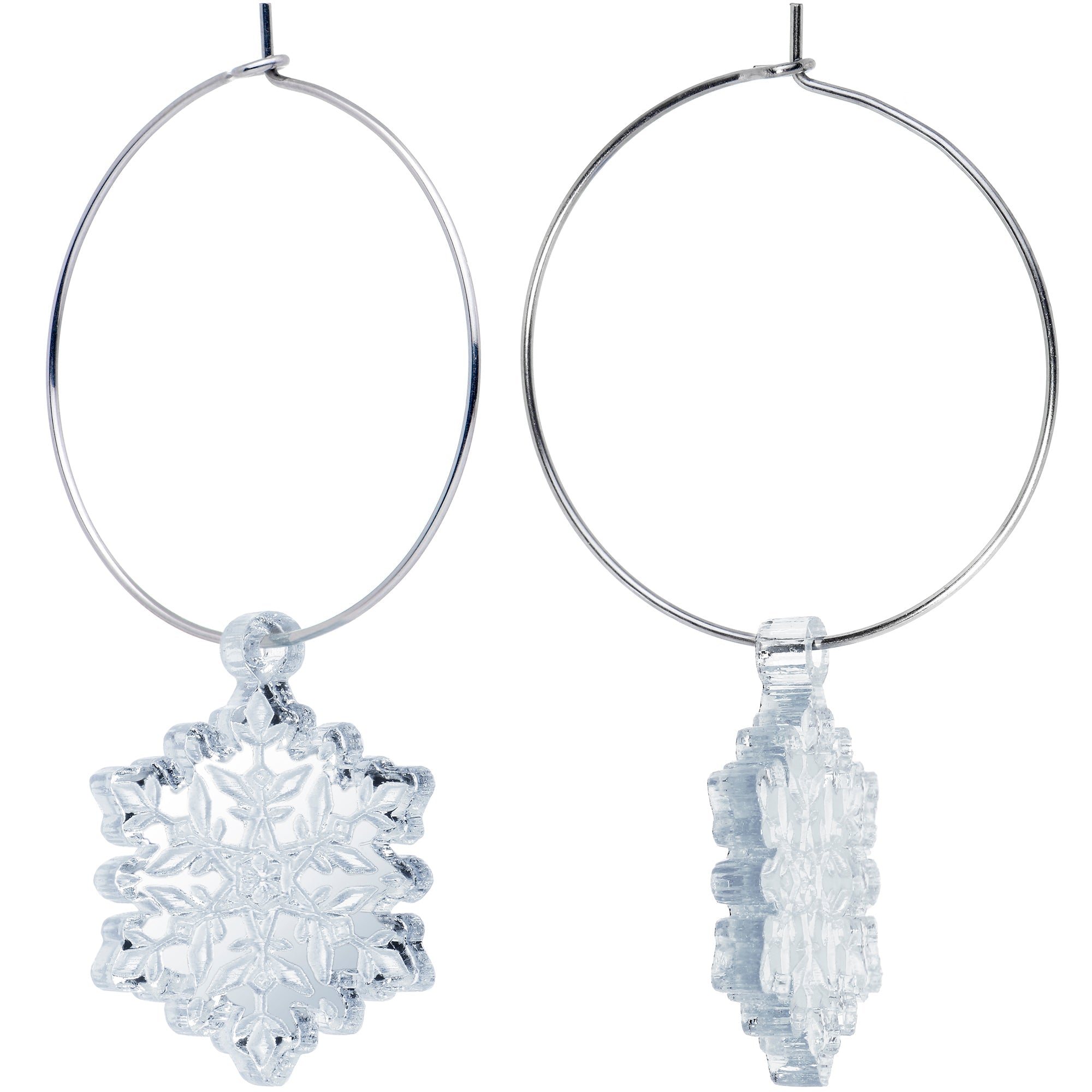 BodyCandy Ice Clear Winter Snowflake Hoop Earrings — side view