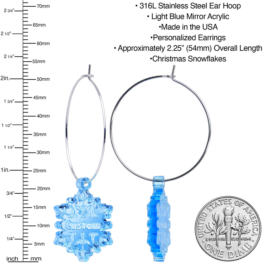 BodyCandy Custom Blue Winter Snowflake Personalized Hoop Earrings — detail close-up