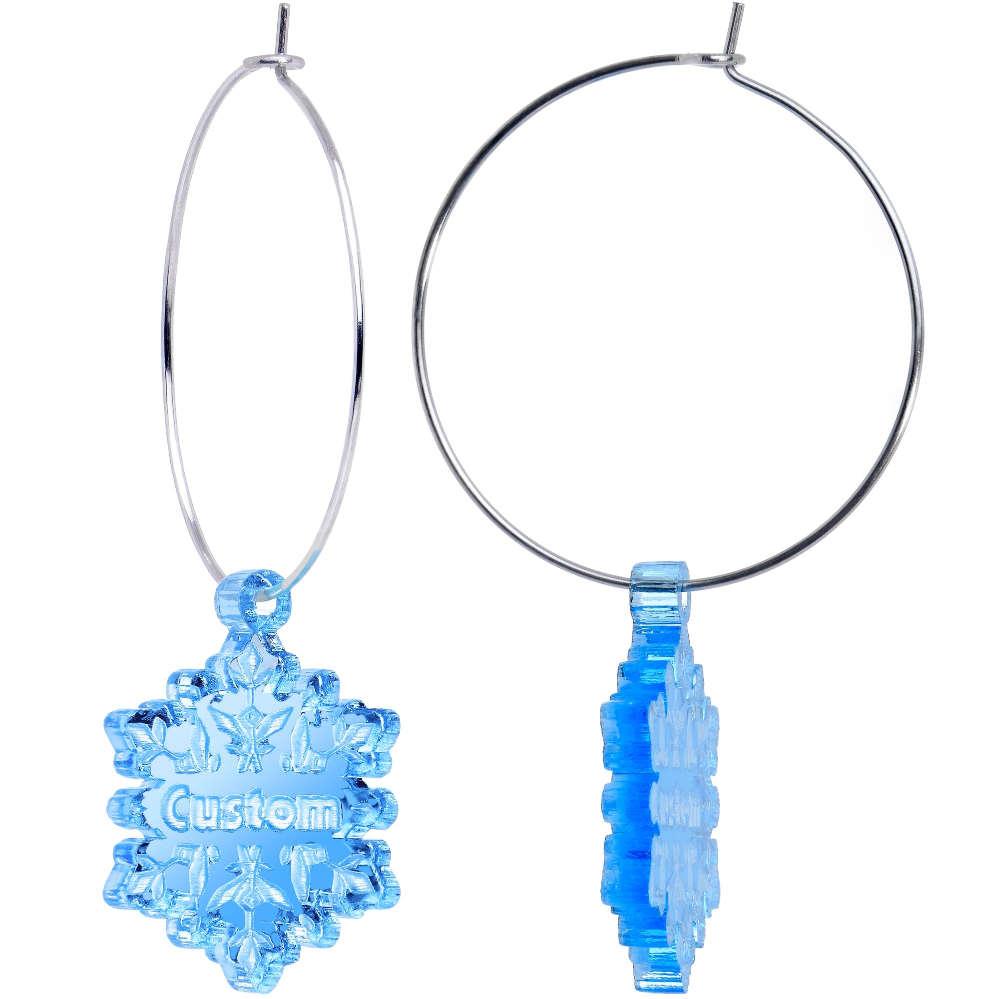 BodyCandy Custom Blue Winter Snowflake Personalized Hoop Earrings — side view