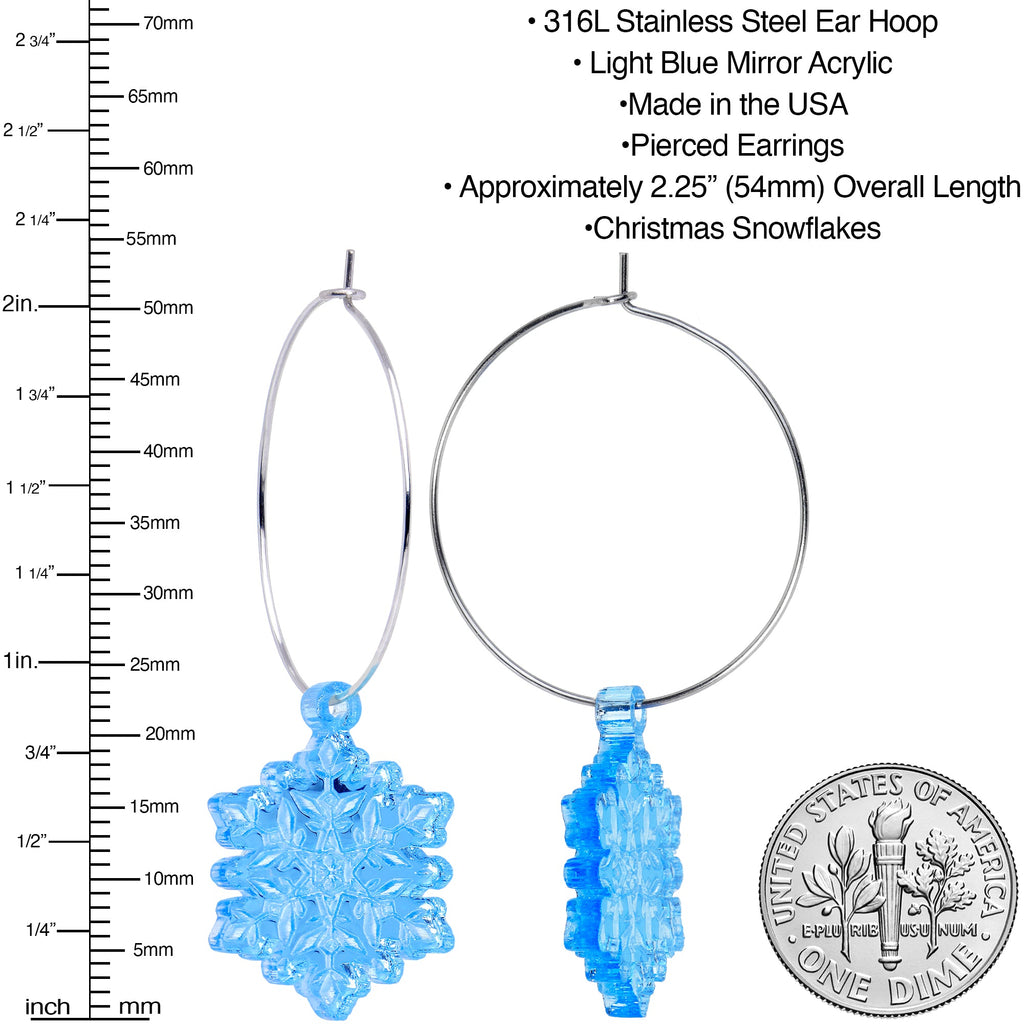 BodyCandy Ice Blue Winter Snowflake Hoop Earrings — detail close-up