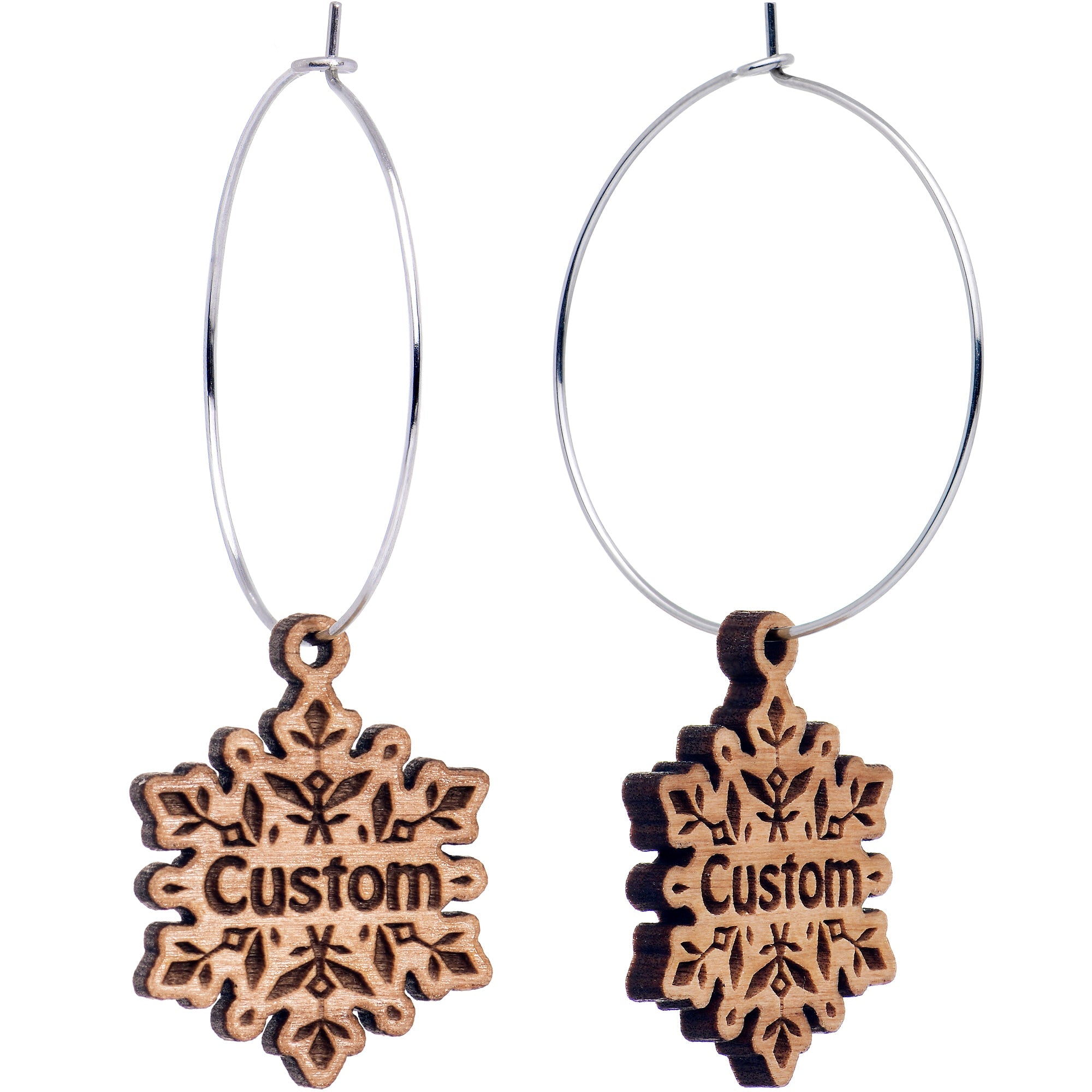 BodyCandy Custom Natural Wood Snowflake Personalized Hoop Earrings — main product shot