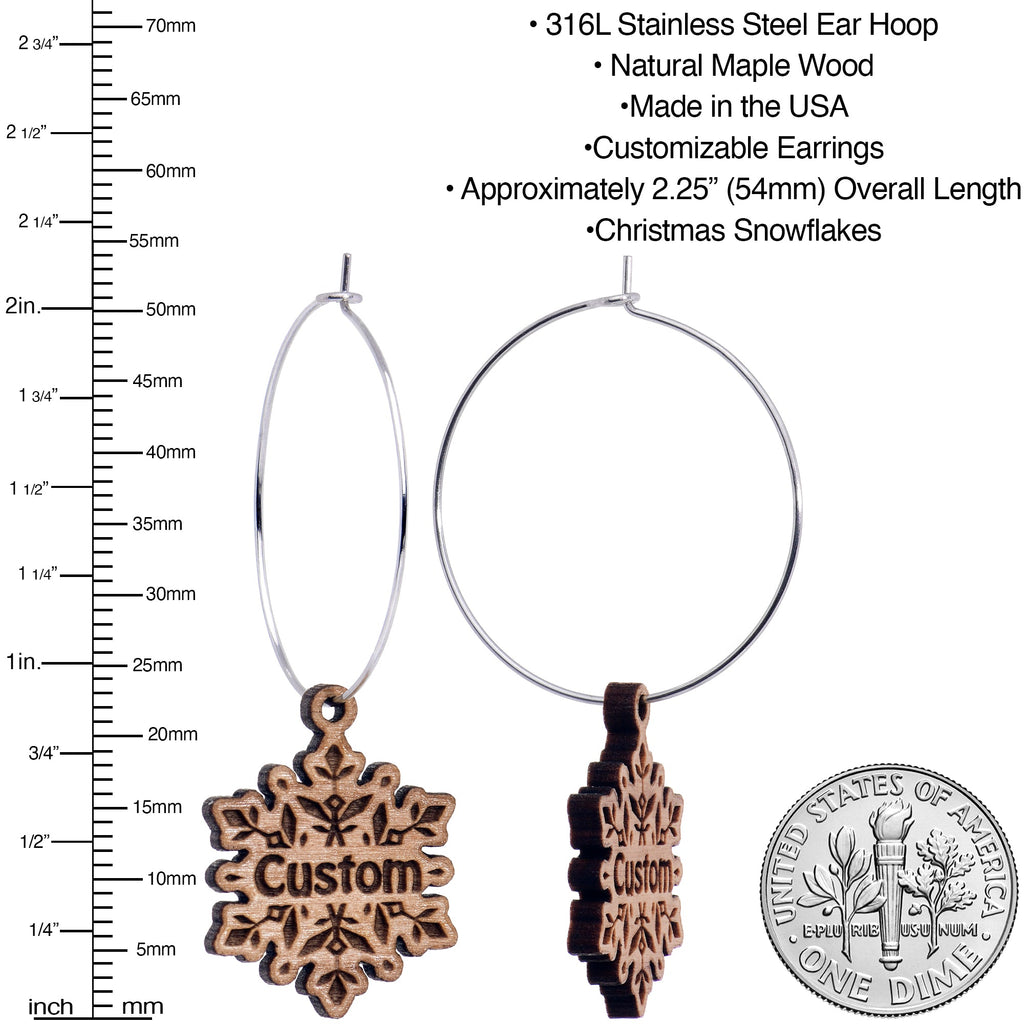 BodyCandy Custom Natural Wood Snowflake Personalized Hoop Earrings — detail close-up