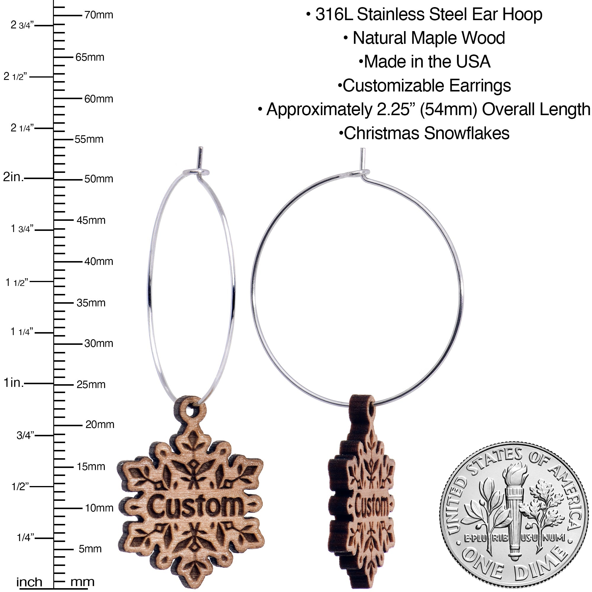 BodyCandy Custom Natural Wood Snowflake Personalized Hoop Earrings — detail close-up