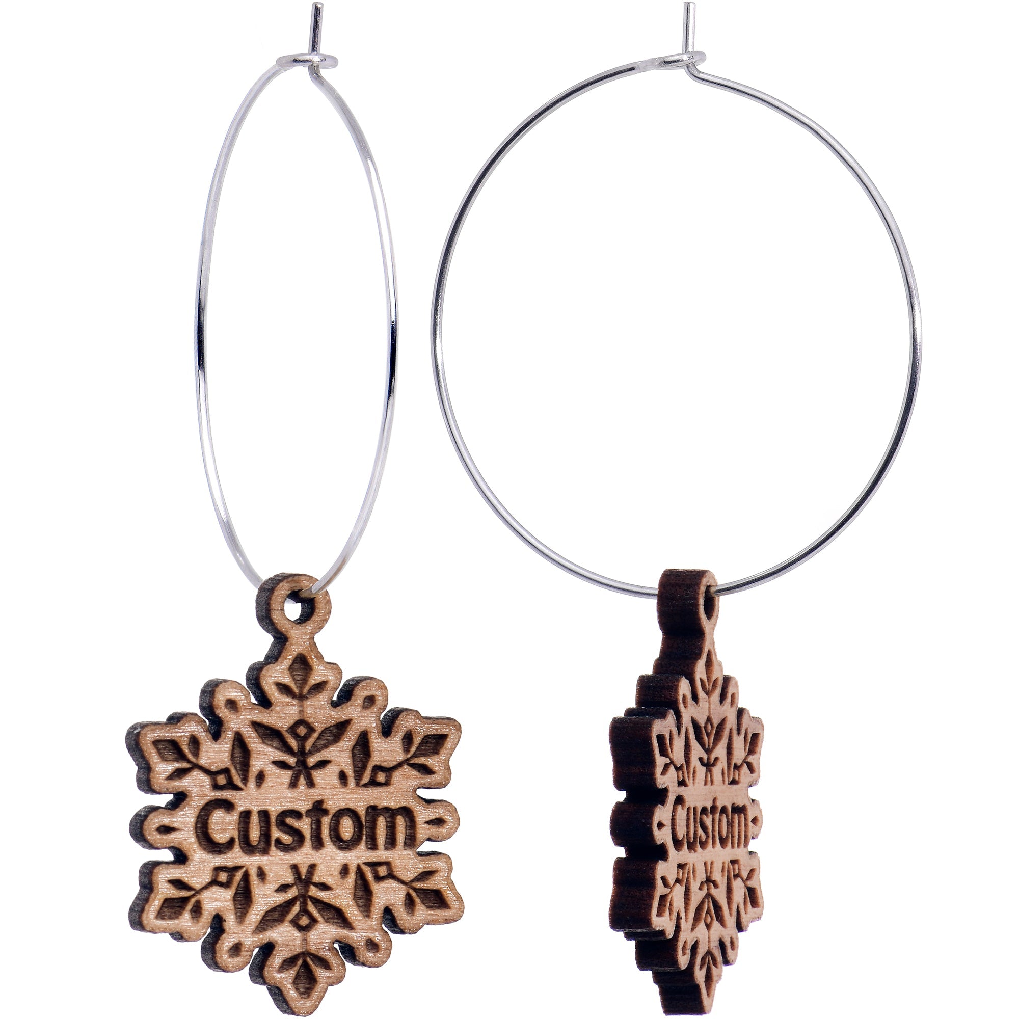 BodyCandy Custom Natural Wood Snowflake Personalized Hoop Earrings — side view