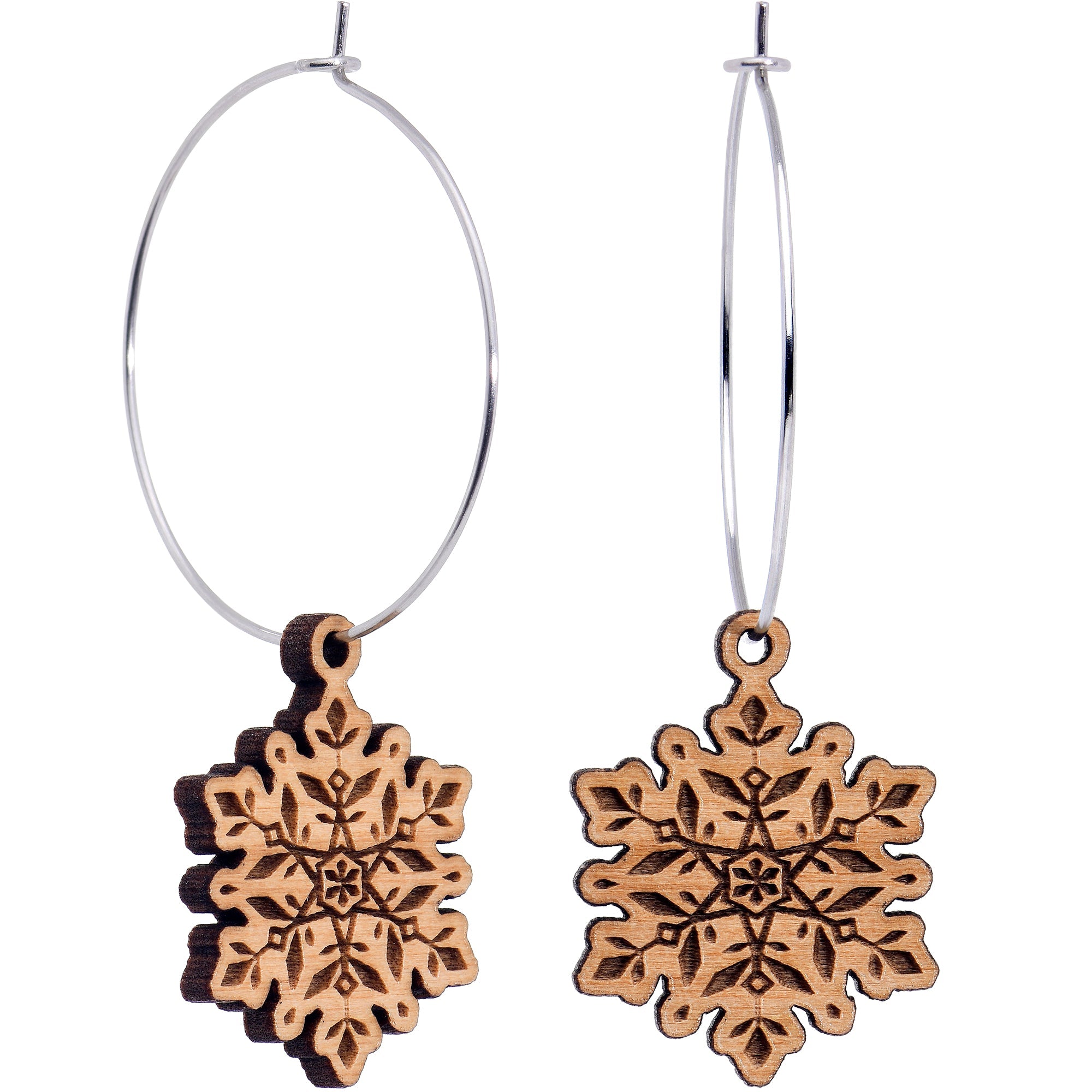 BodyCandy Natural Wood Snowflake Hoop Earrings — main product shot