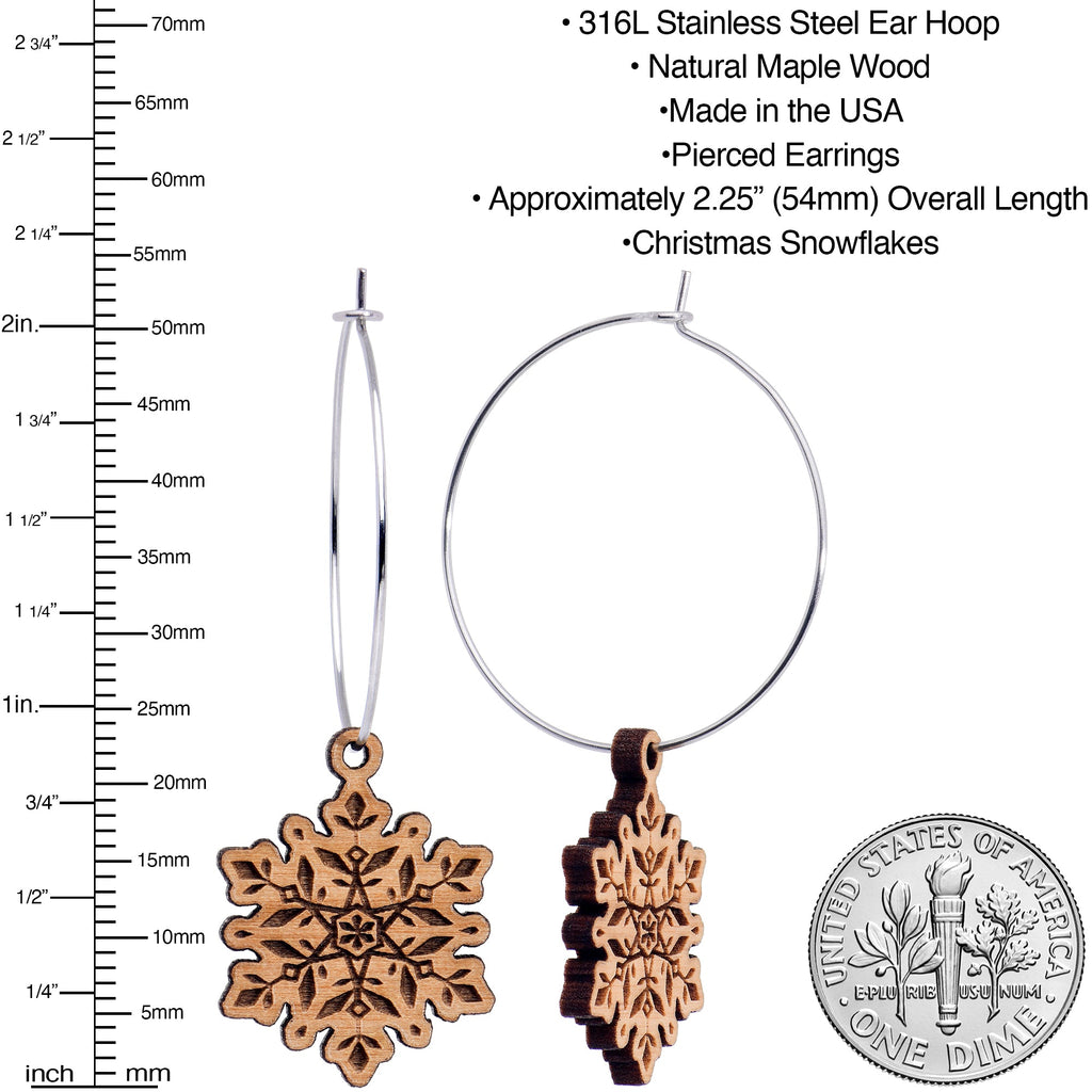 BodyCandy Natural Wood Snowflake Hoop Earrings — detail close-up