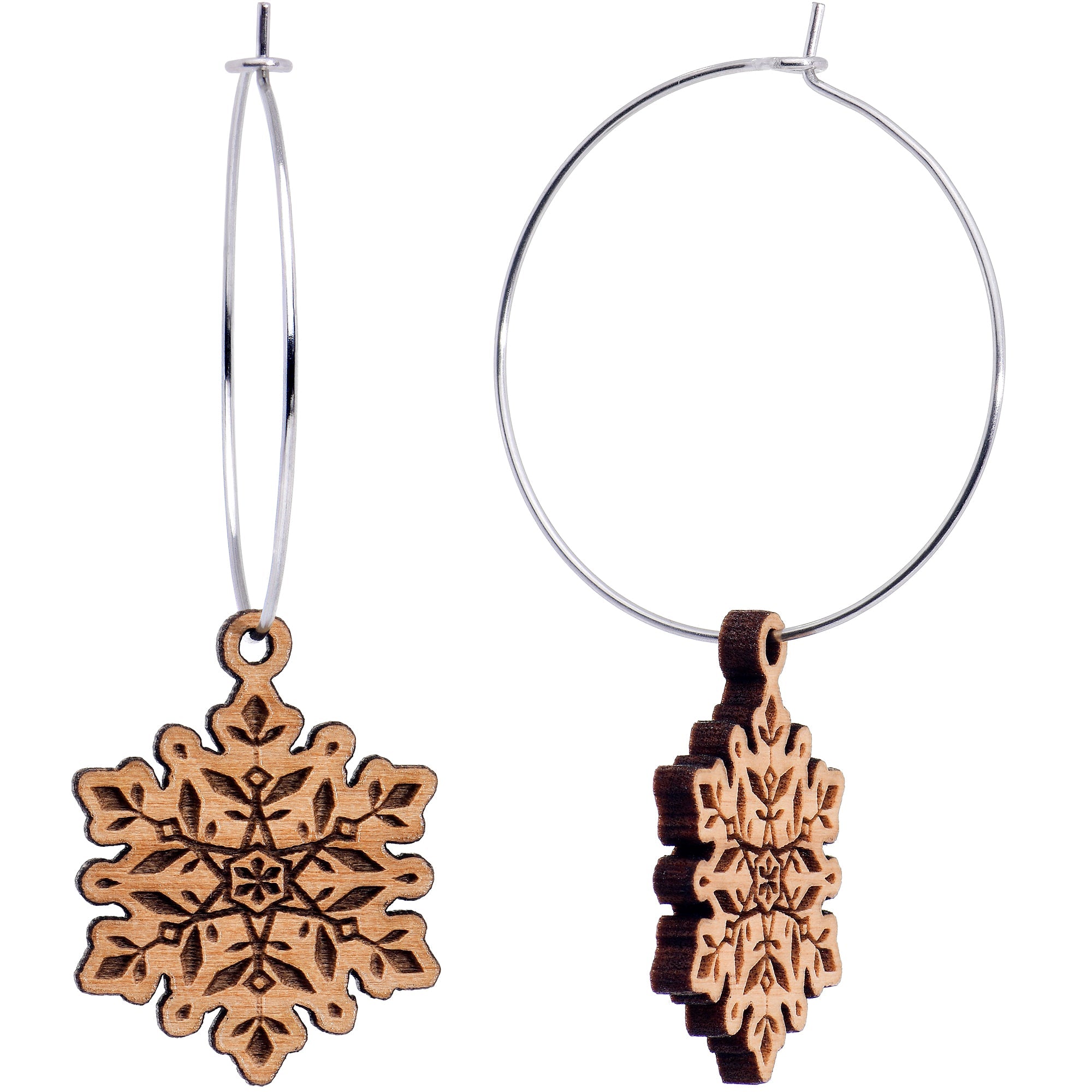 BodyCandy Natural Wood Snowflake Hoop Earrings — side view