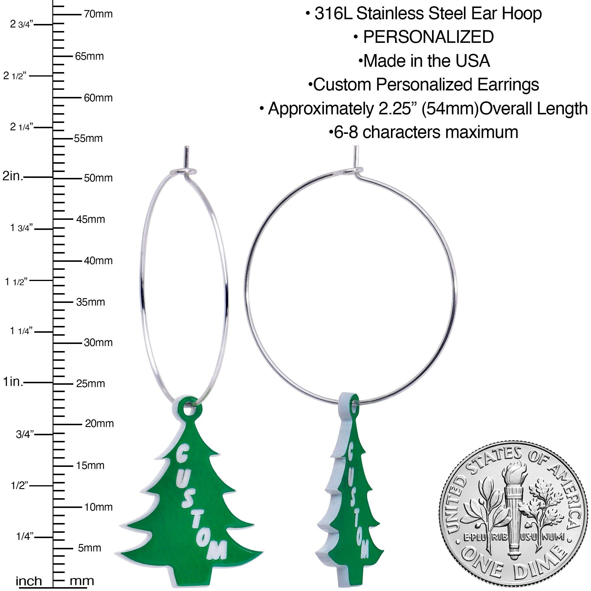 BodyCandy Custom Christmas Tree Personalized Hoop Earrings — detail close-up