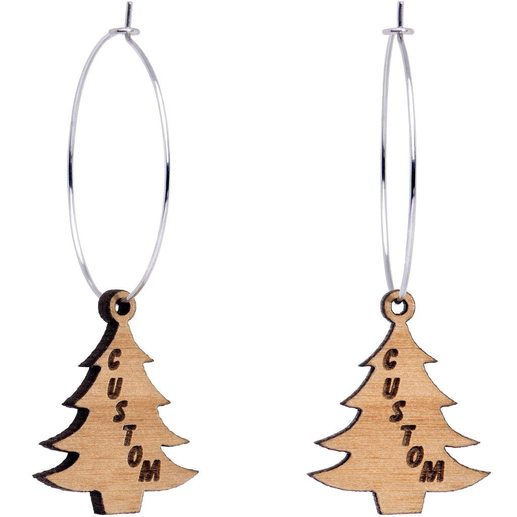 BodyCandy Custom Natural Wood Christmas Tree Personalized Hoop Earrings — main product shot