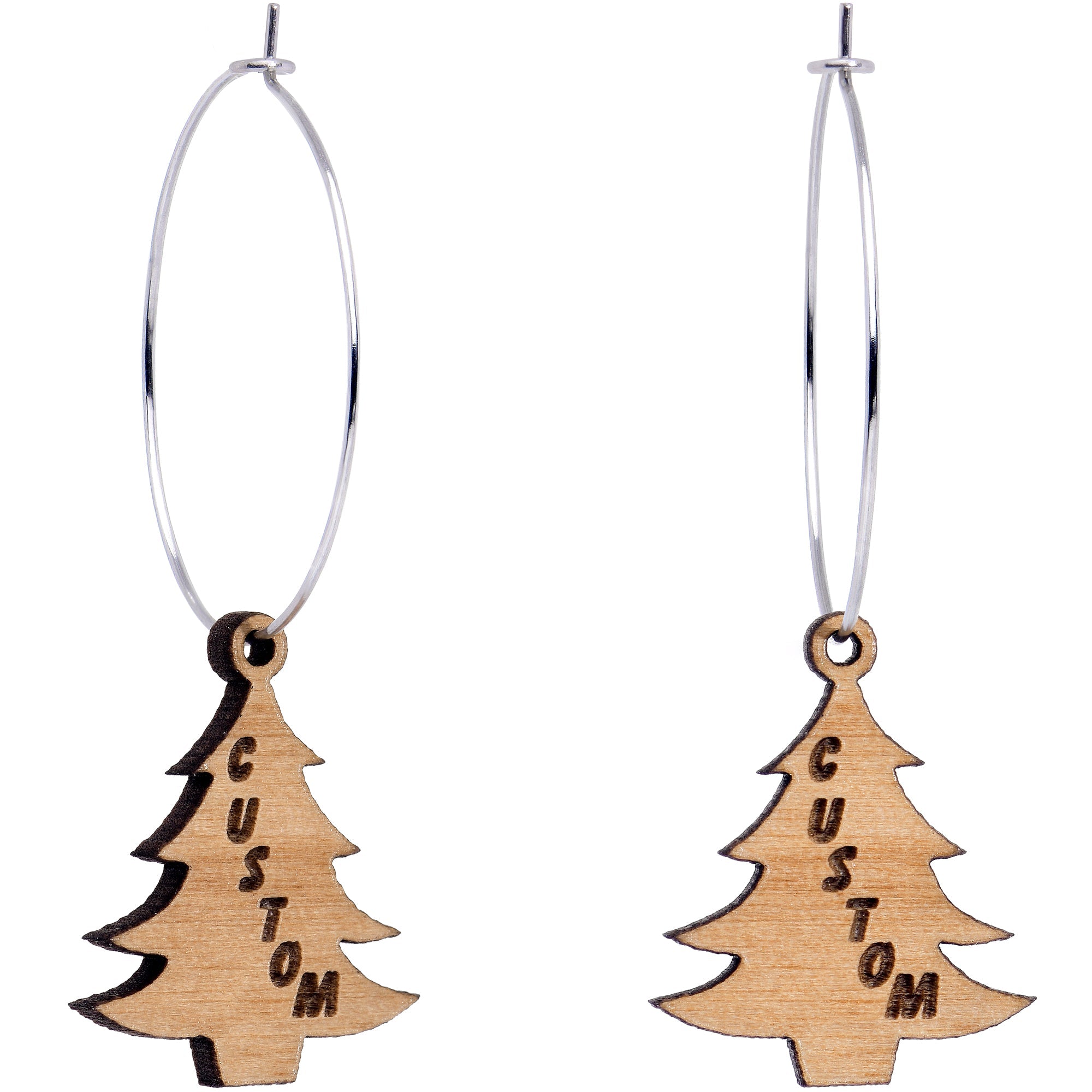 BodyCandy Custom Natural Wood Christmas Tree Personalized Hoop Earrings — main product shot