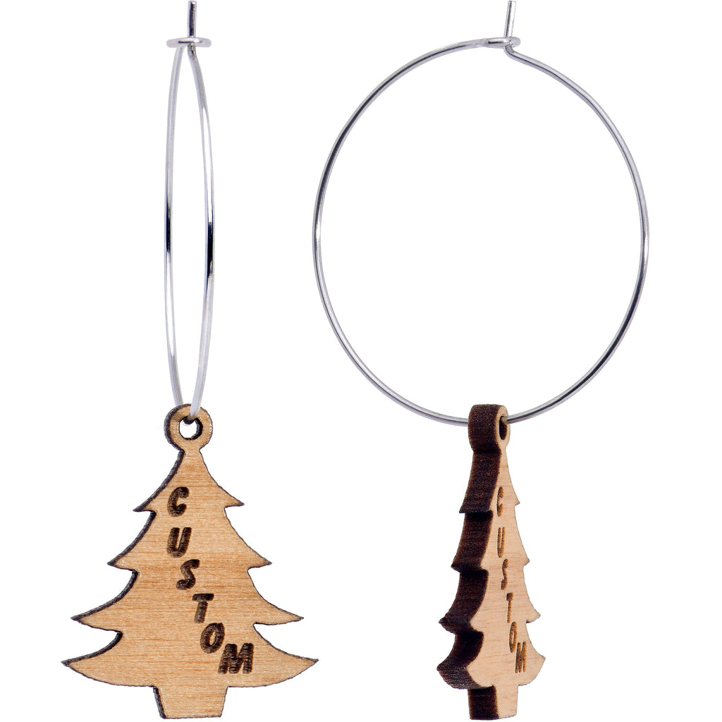 BodyCandy Custom Natural Wood Christmas Tree Personalized Hoop Earrings — detail close-up