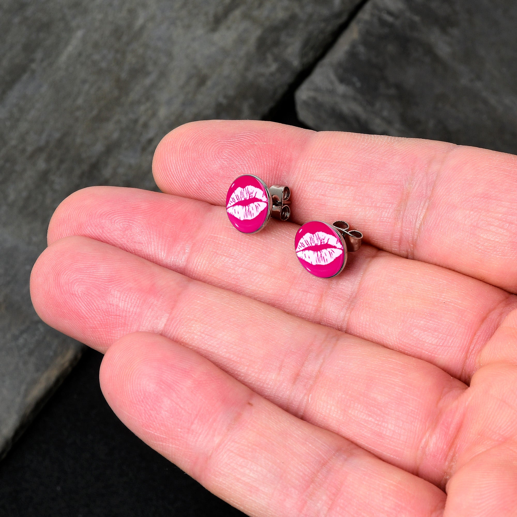 BodyCandy Red Hot Lips Stud Earrings by Onyx O — detail close-up