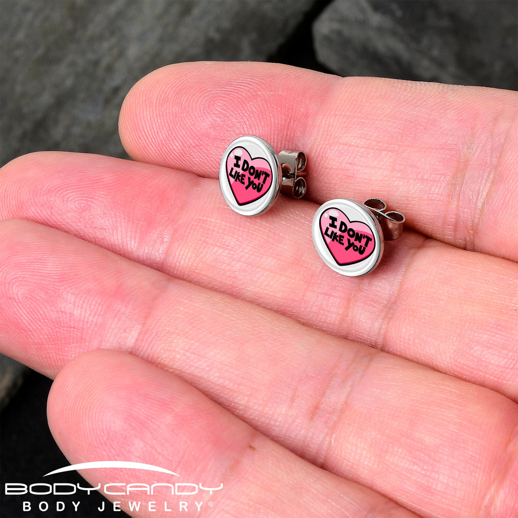 BodyCandy I Don't Like You Valentine Heart Stud Earrings — detail close-up