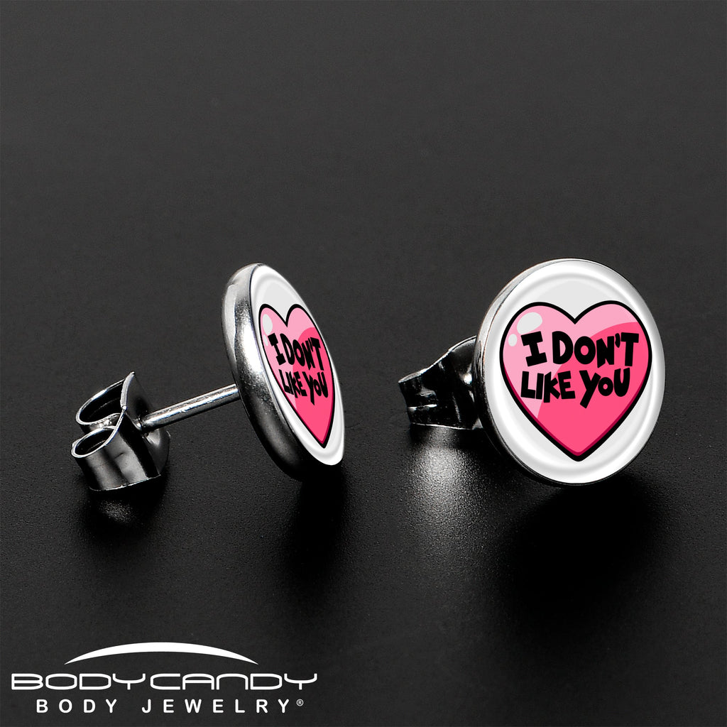BodyCandy I Don't Like You Valentine Heart Stud Earrings — lifestyle context