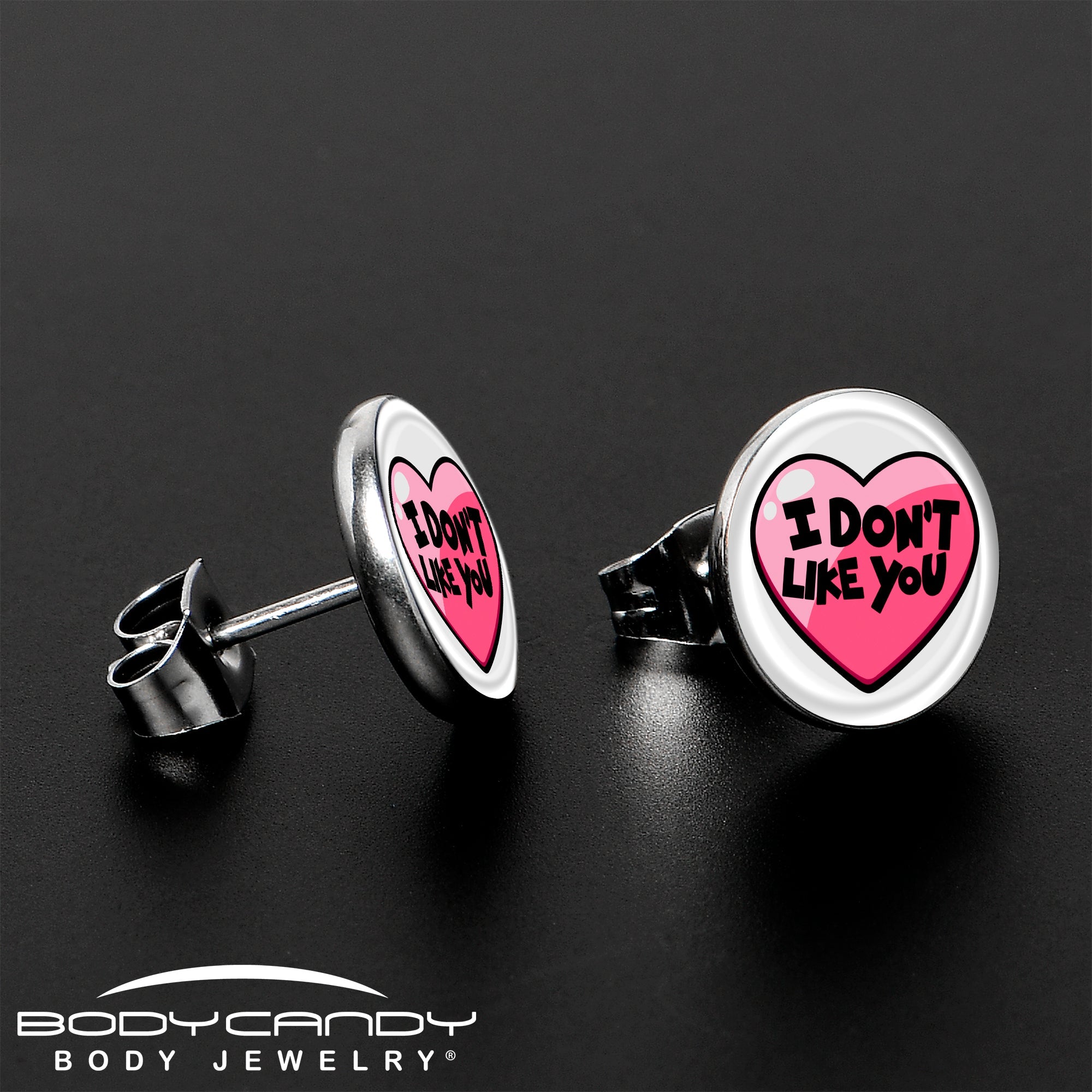 BodyCandy I Don't Like You Valentine Heart Stud Earrings — lifestyle context