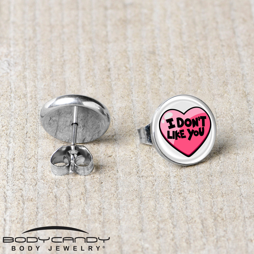 BodyCandy I Don't Like You Valentine Heart Stud Earrings — back view