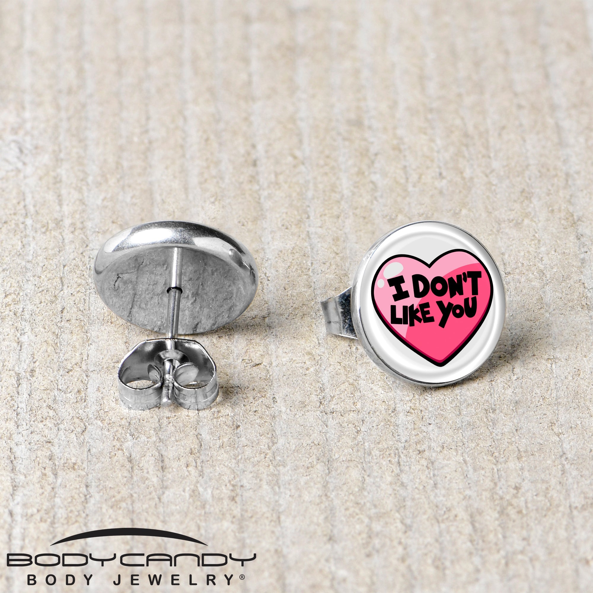 BodyCandy I Don't Like You Valentine Heart Stud Earrings — back view