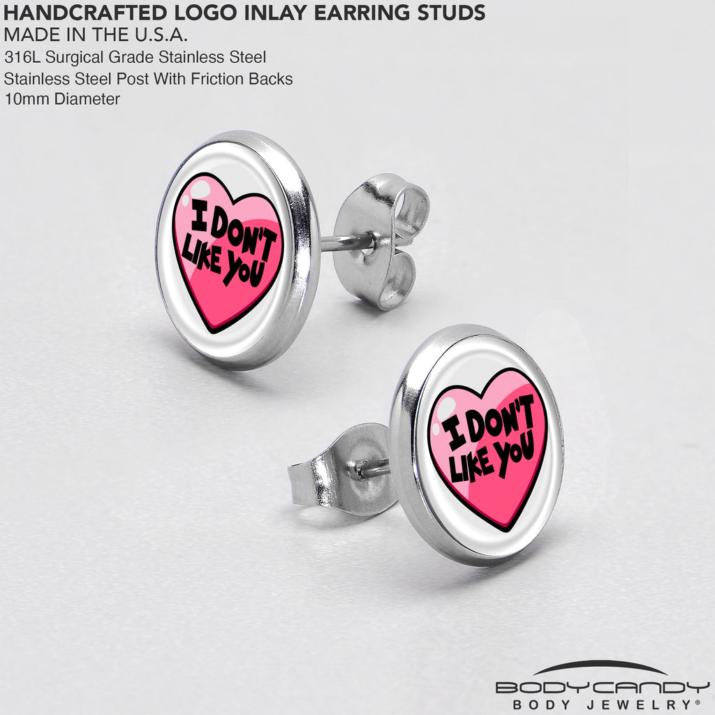 BodyCandy I Don't Like You Valentine Heart Stud Earrings — in-use photo