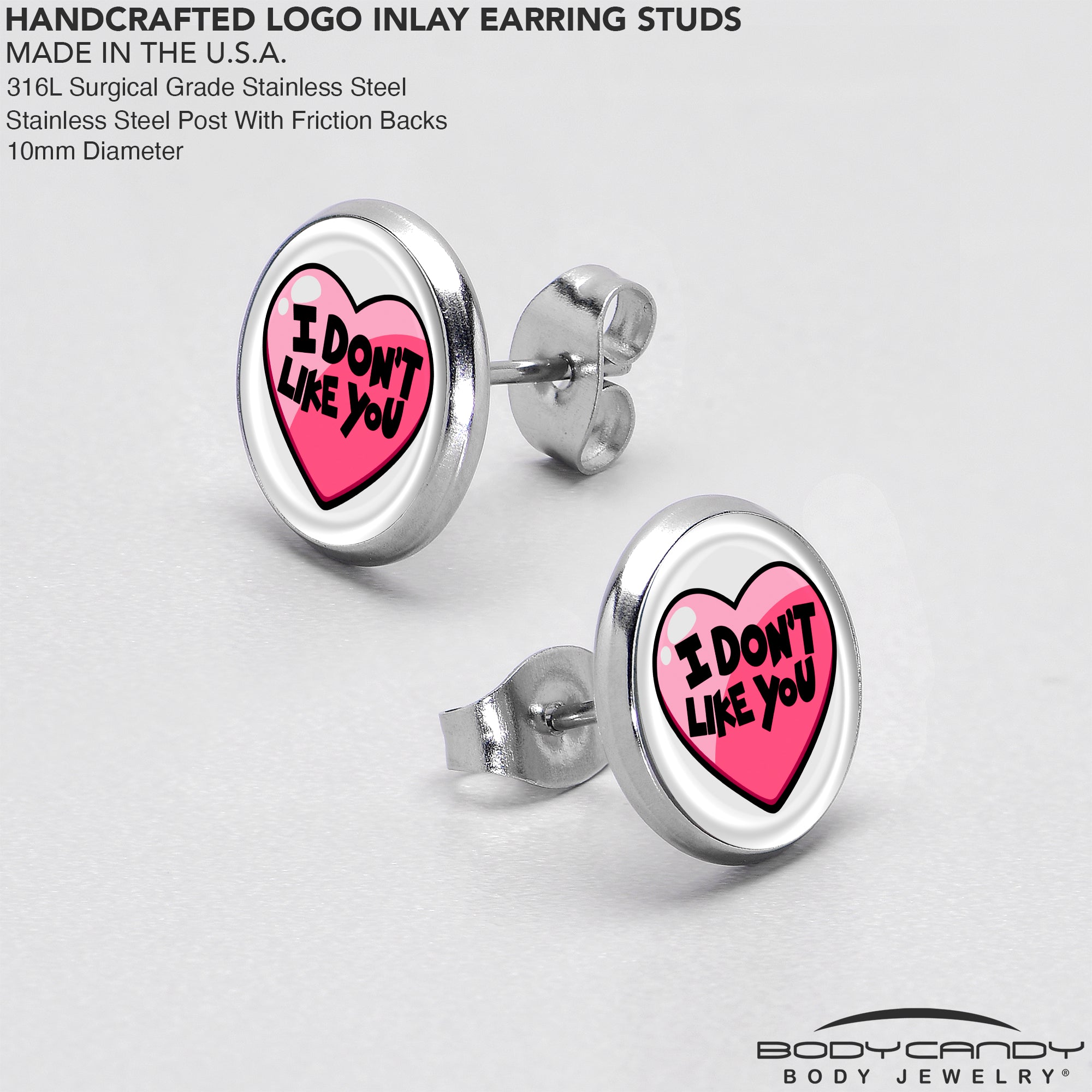 BodyCandy I Don't Like You Valentine Heart Stud Earrings — in-use photo