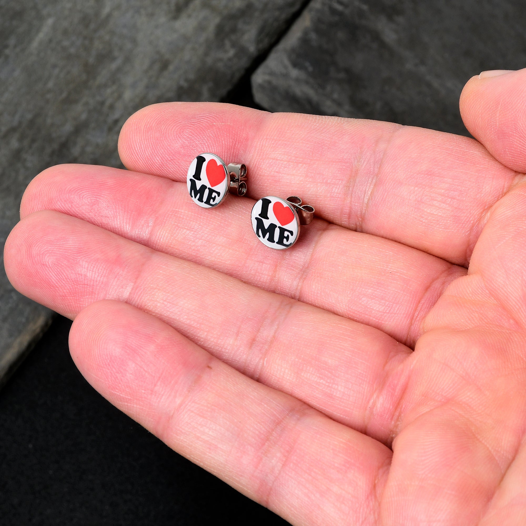 BodyCandy I Love Me Stud Earrings by Onyx O — detail close-up
