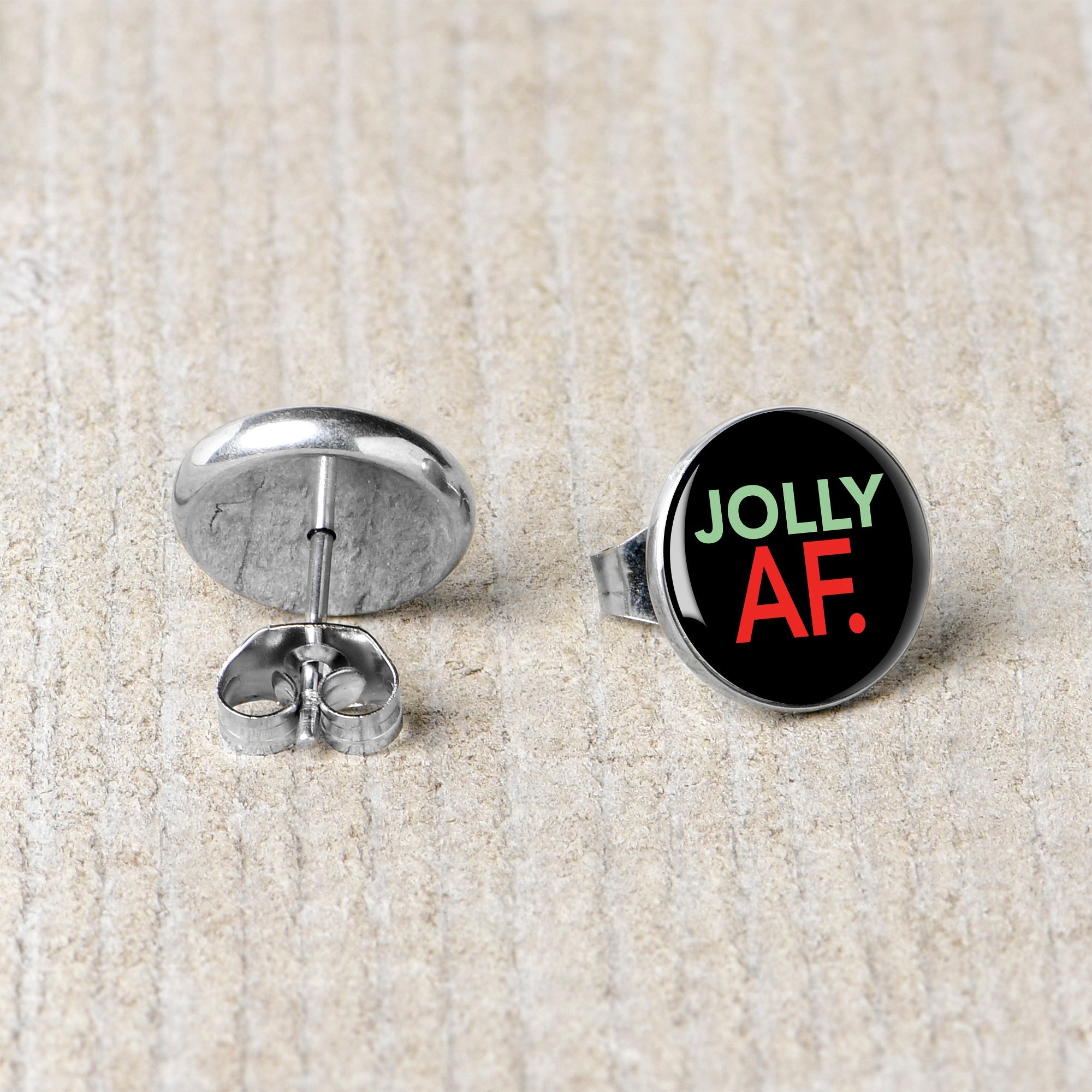 BodyCandy Jolly AF Festive Holiday Christmas Stud Earrings by Onyx O — back view
