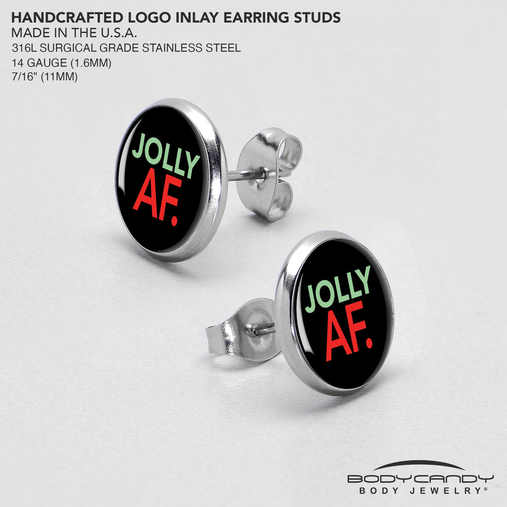 BodyCandy Jolly AF Festive Holiday Christmas Stud Earrings by Onyx O — in-use photo