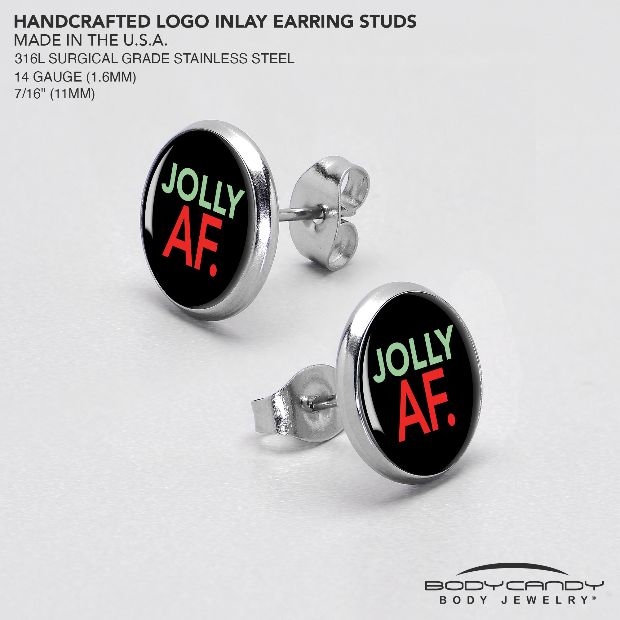 BodyCandy Jolly AF Festive Holiday Christmas Stud Earrings by Onyx O — in-use photo