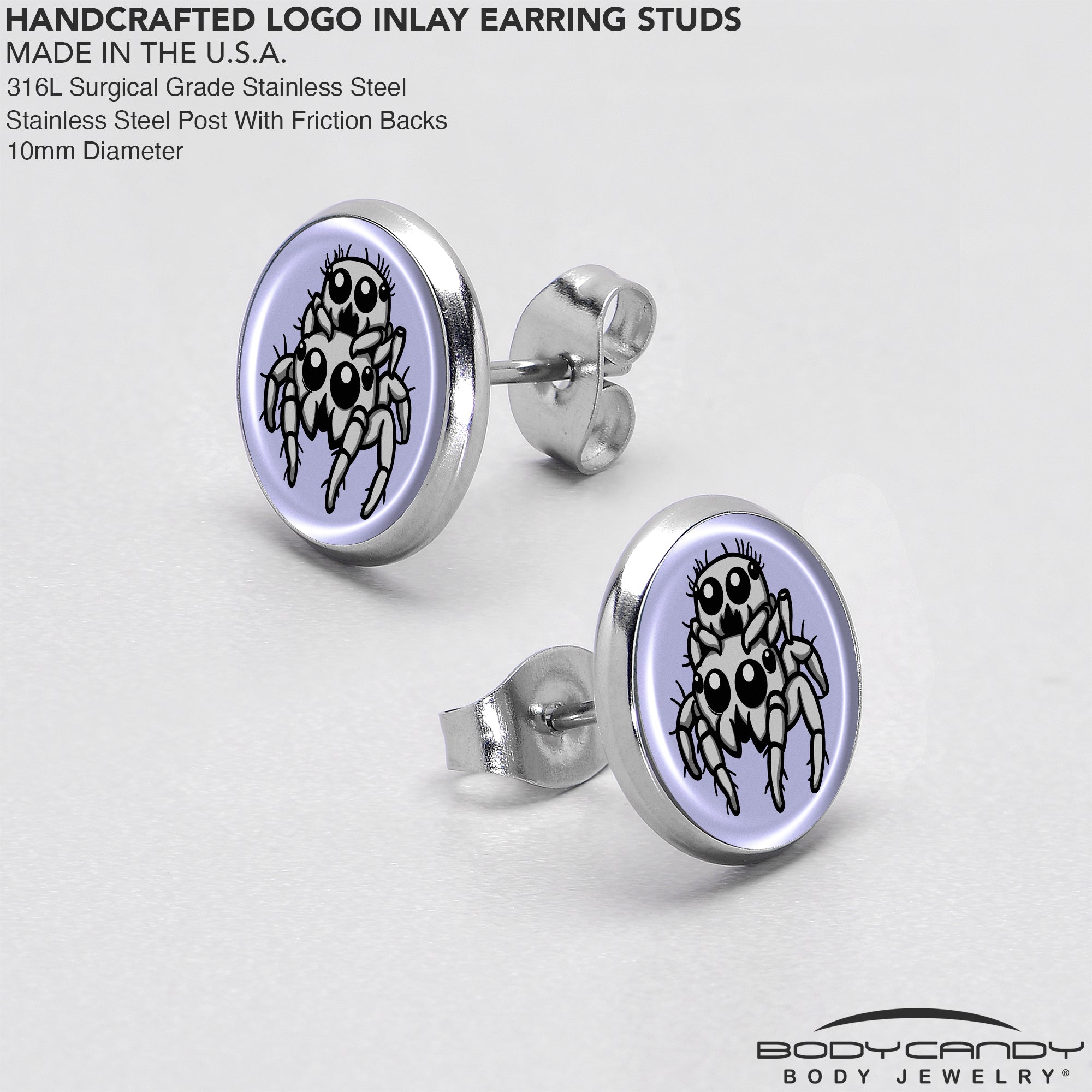 BodyCandy Leaping Leapfrog Spiders Stud Earrings by Onyx O — in-use photo