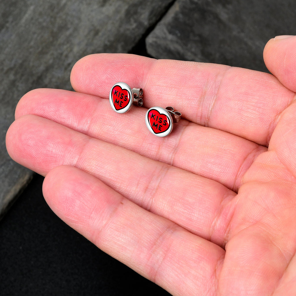 BodyCandy Kiss Me Candy Heart Stud Earrings by Onyx O — detail close-up