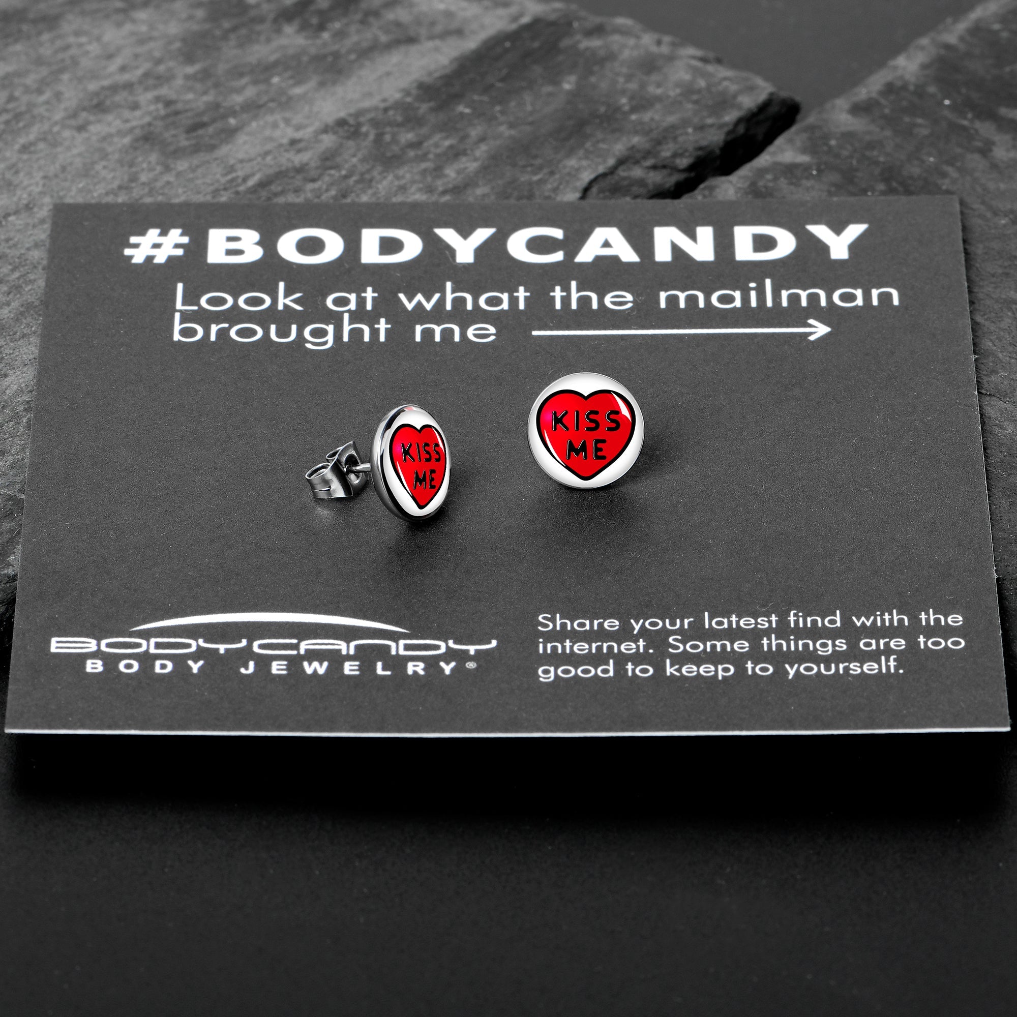 BodyCandy Kiss Me Candy Heart Stud Earrings by Onyx O — in-use photo