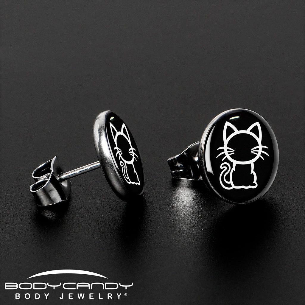 BodyCandy Black and White Kitty Cat Stud Earrings by Onyx O — lifestyle context