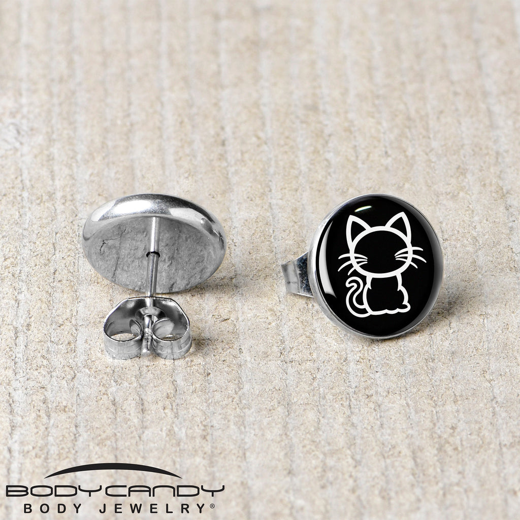 BodyCandy Black and White Kitty Cat Stud Earrings by Onyx O — back view