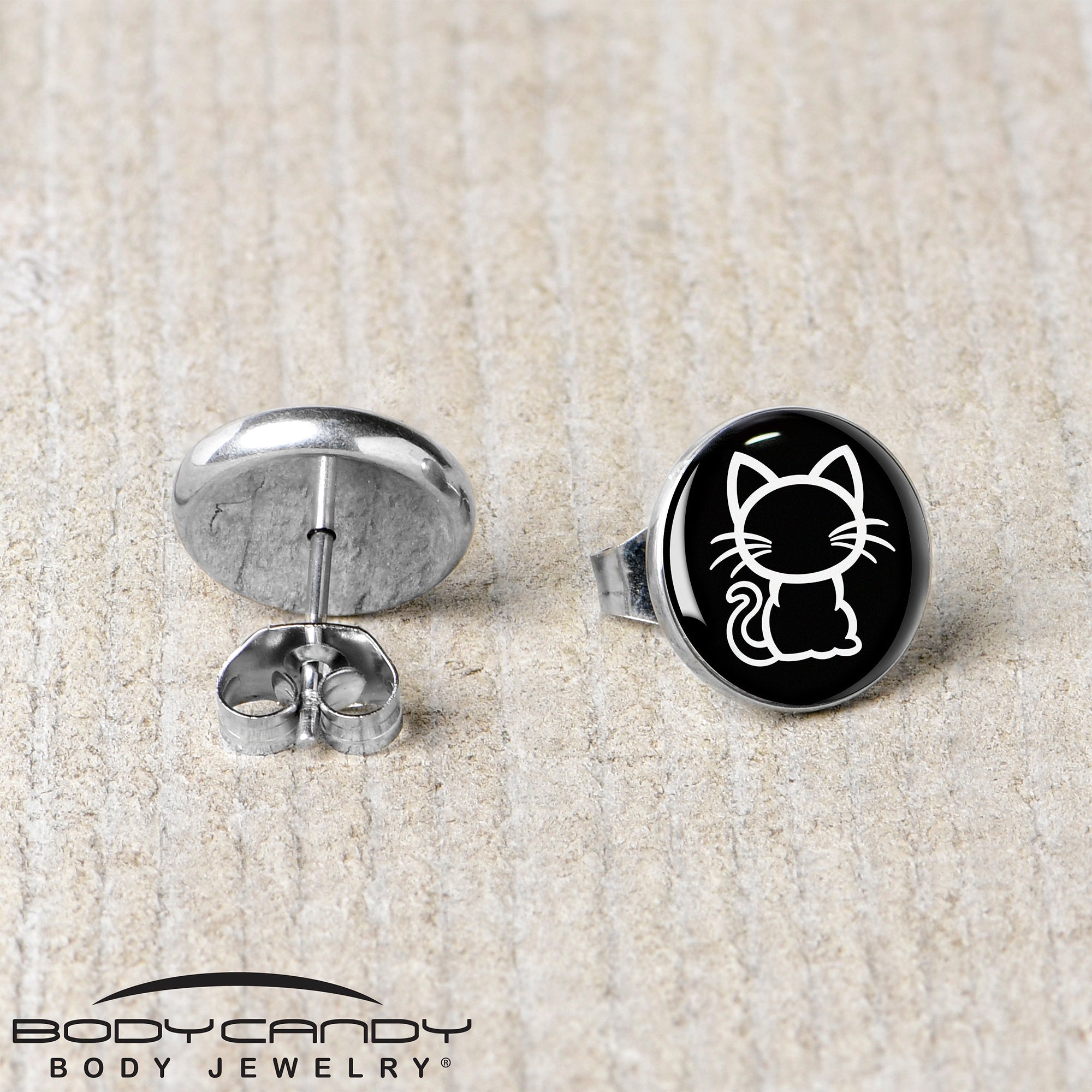 BodyCandy Black and White Kitty Cat Stud Earrings by Onyx O — back view