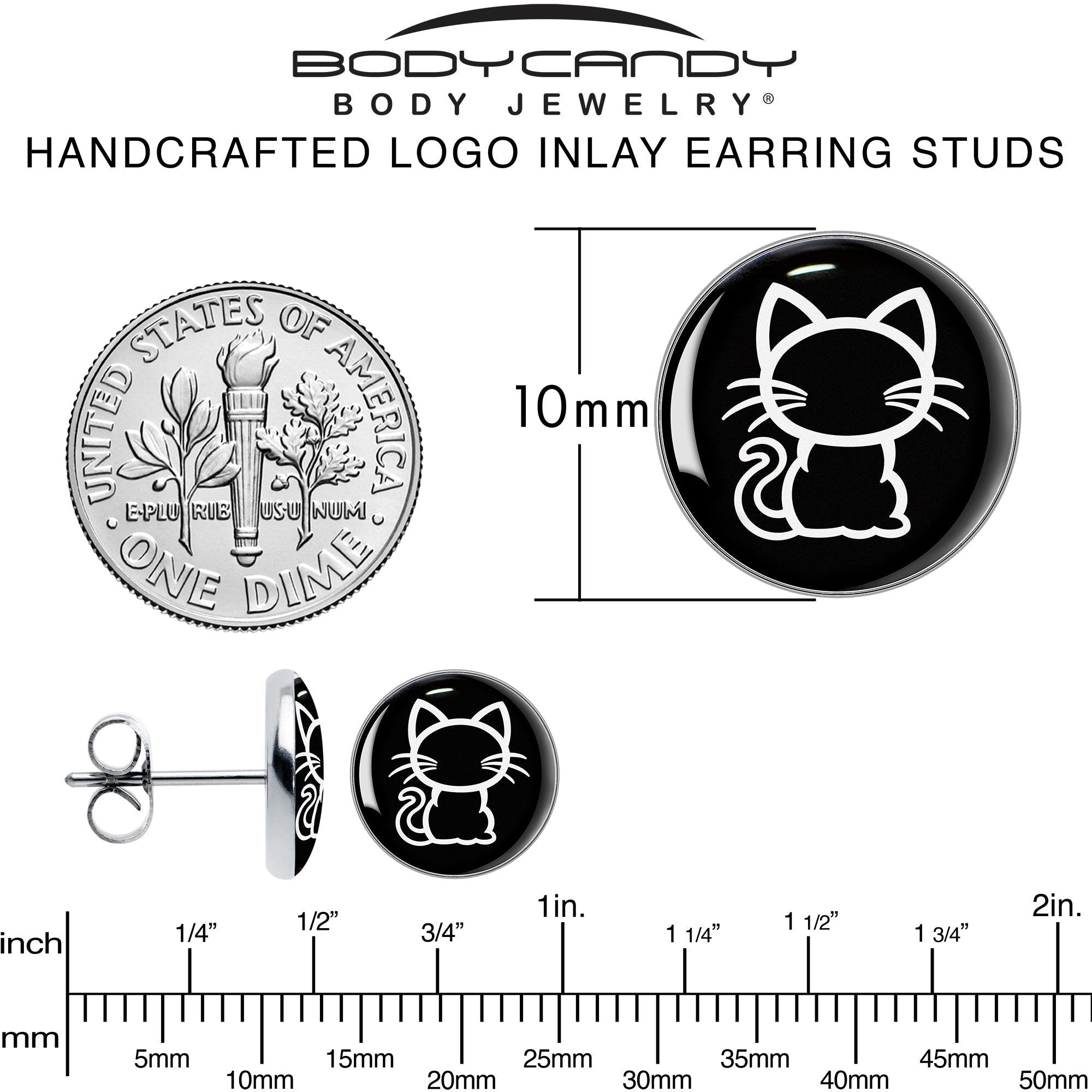 BodyCandy Black and White Kitty Cat Stud Earrings by Onyx O — alternative angle