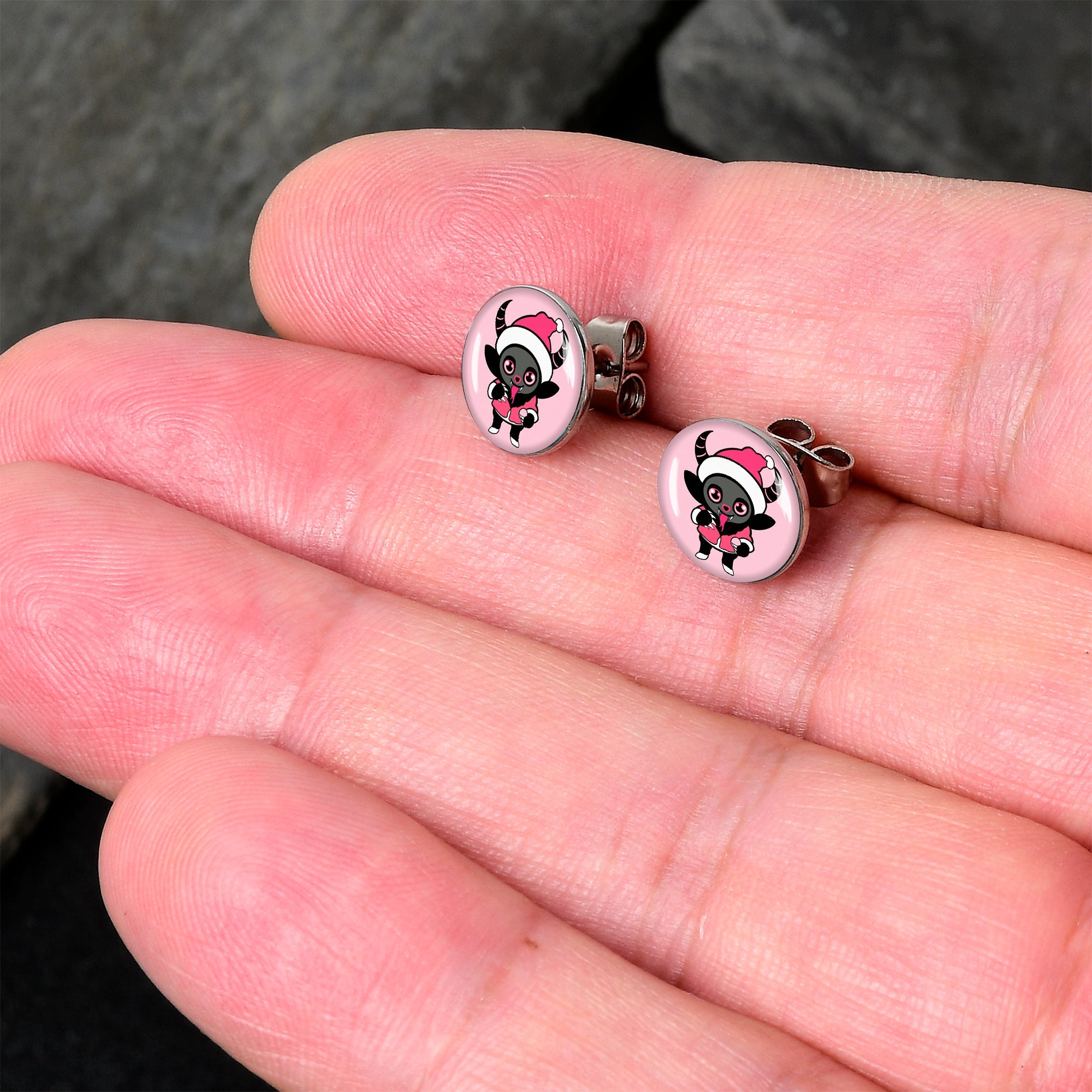 BodyCandy Krampus Cutie Christmas Holiday Stud Earrings by Onyx O — detail close-up