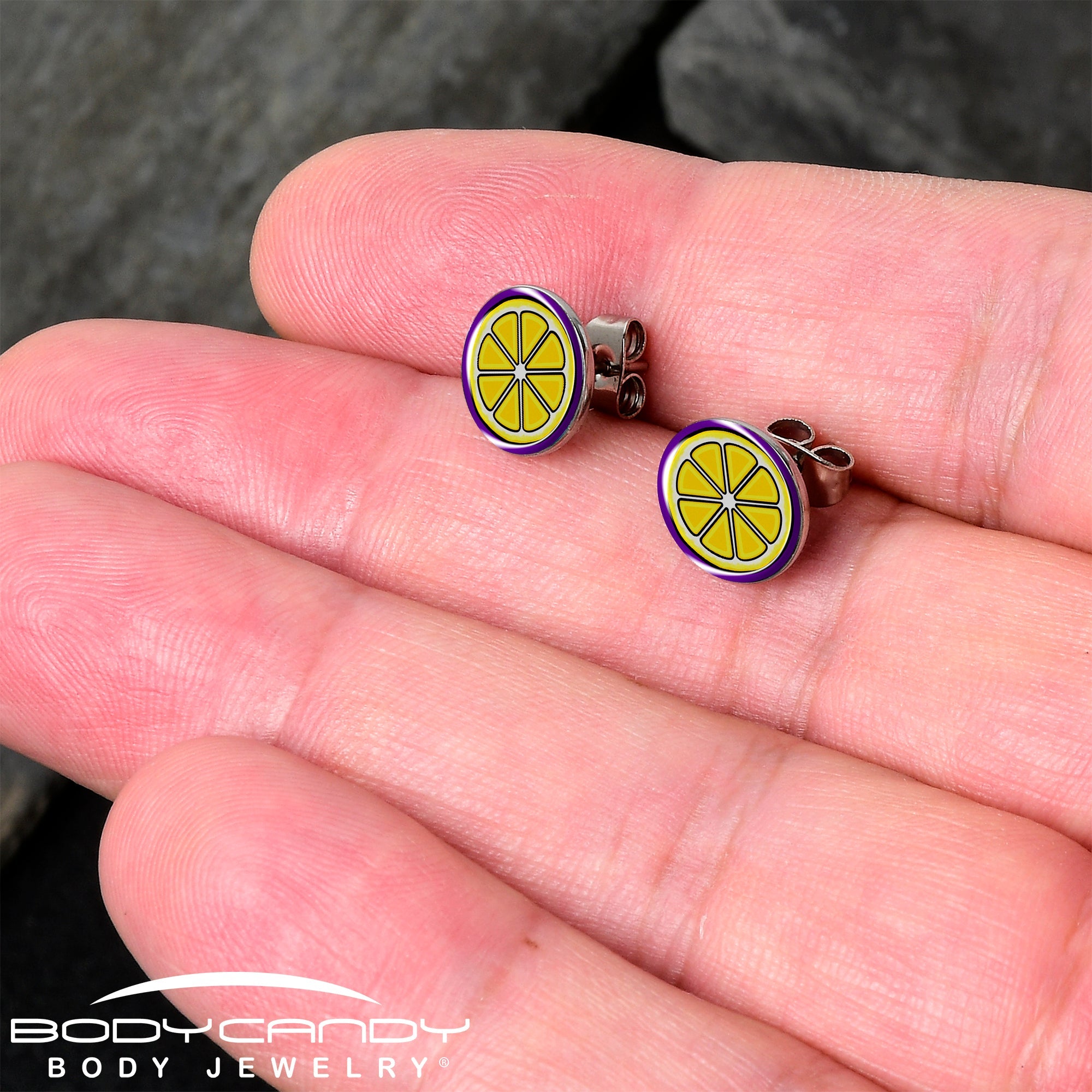 BodyCandy Yellow Slice of Lemon Stud Earrings by Onyx O — detail close-up