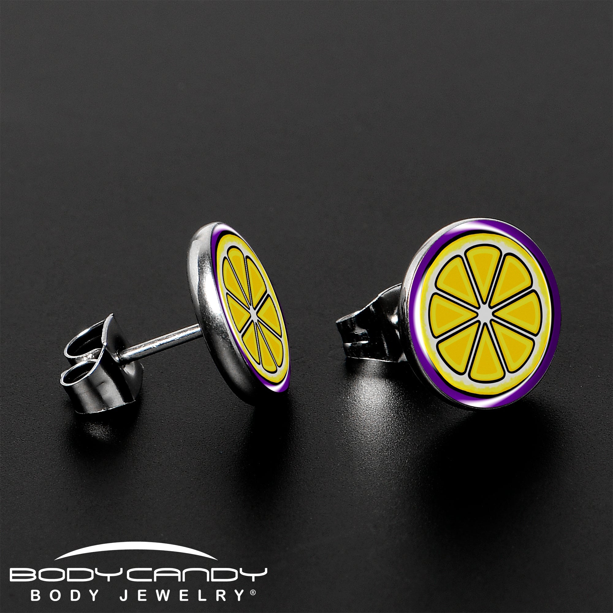 BodyCandy Yellow Slice of Lemon Stud Earrings by Onyx O — lifestyle context