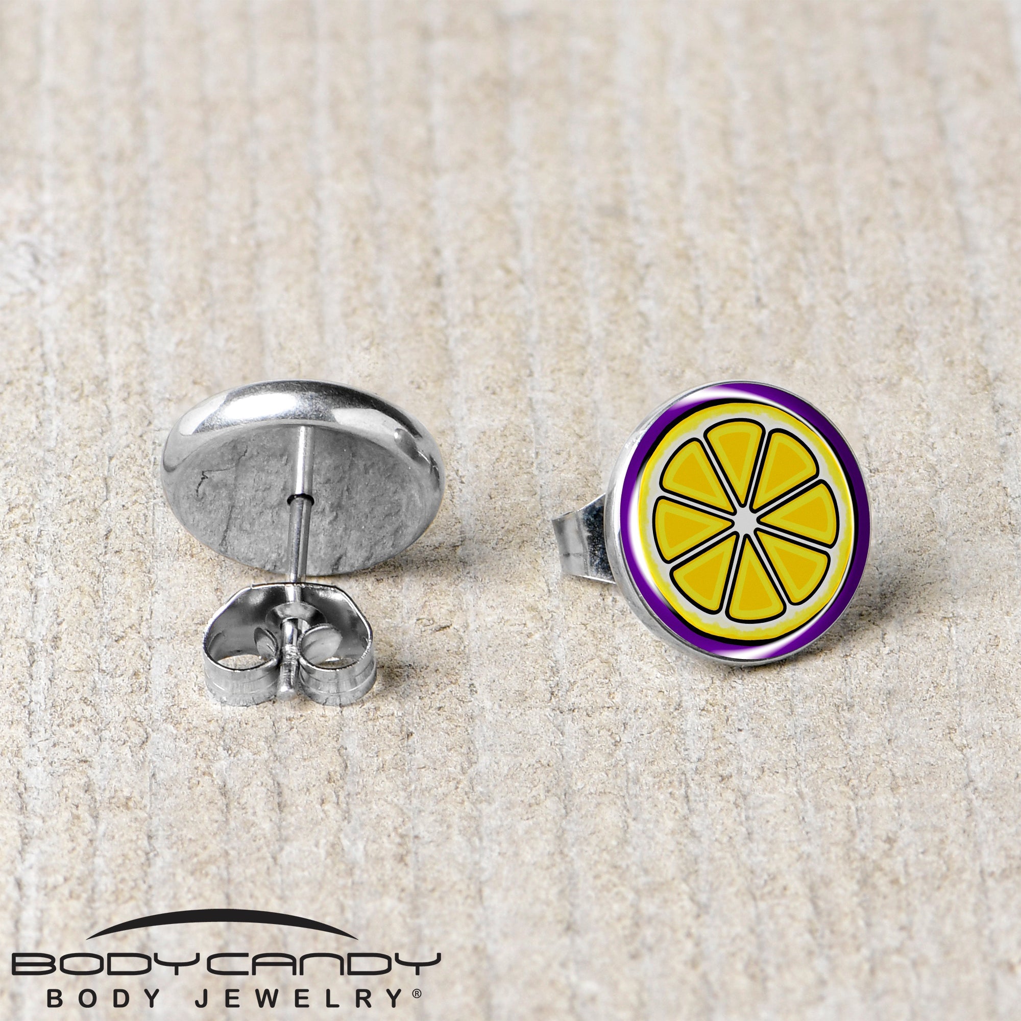 BodyCandy Yellow Slice of Lemon Stud Earrings by Onyx O — back view