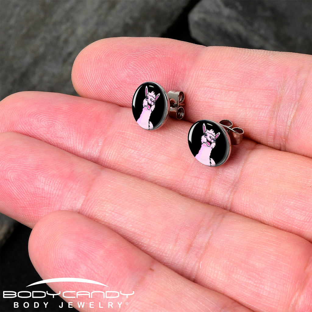 BodyCandy Pink Happy Llama Stud Earrings by Onyx O — detail close-up