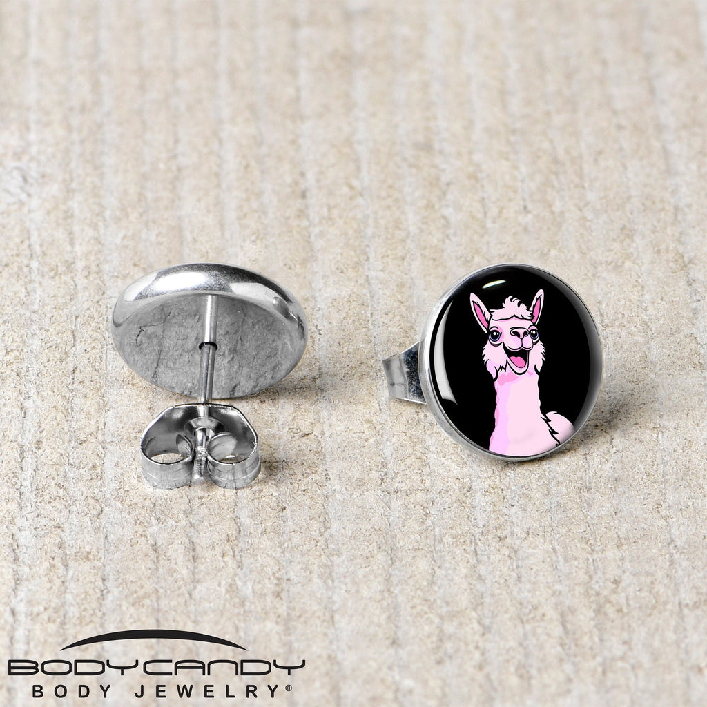 BodyCandy Pink Happy Llama Stud Earrings by Onyx O — back view