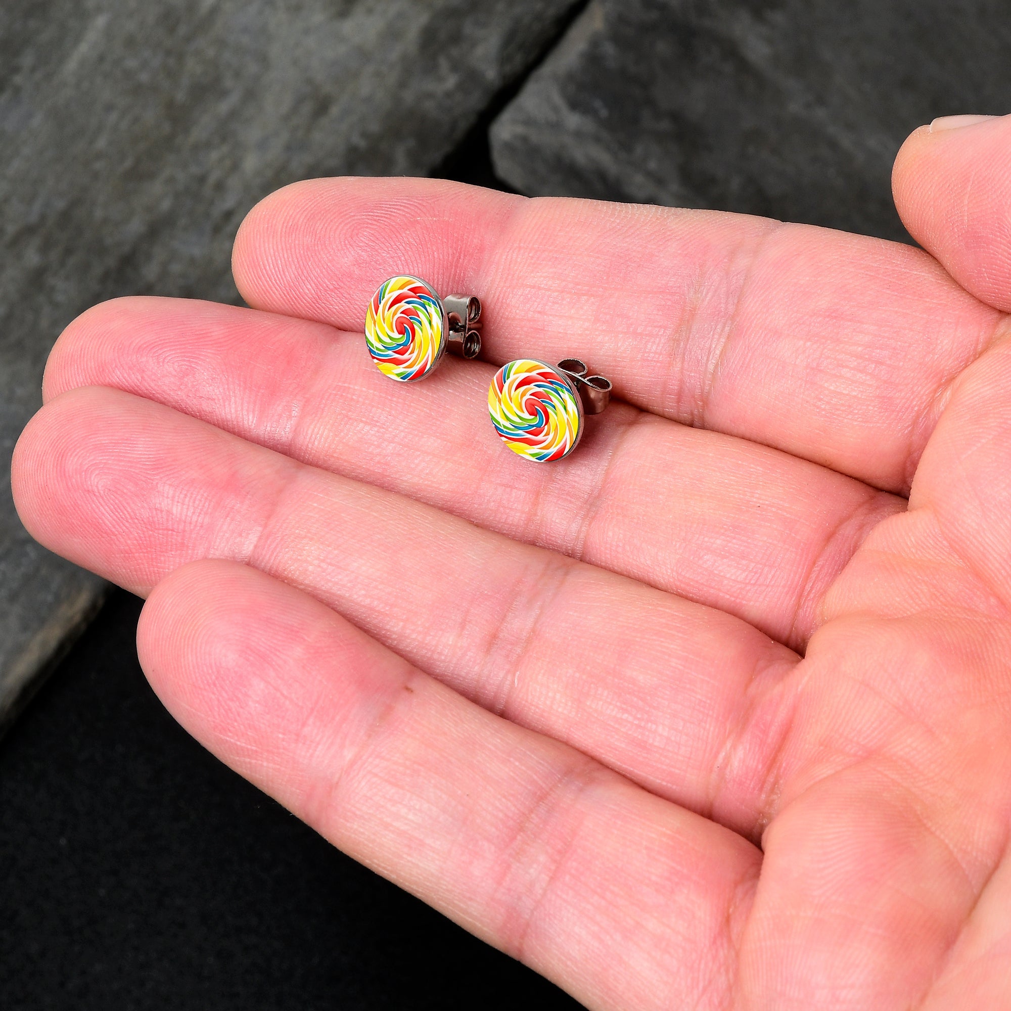 BodyCandy Rainbow Swirl Lollipop Stud Earrings by Onyx O — detail close-up