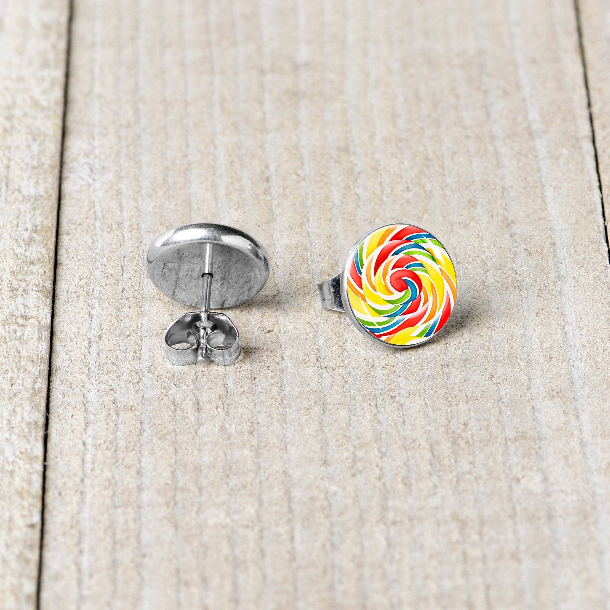 BodyCandy Rainbow Swirl Lollipop Stud Earrings by Onyx O — back view