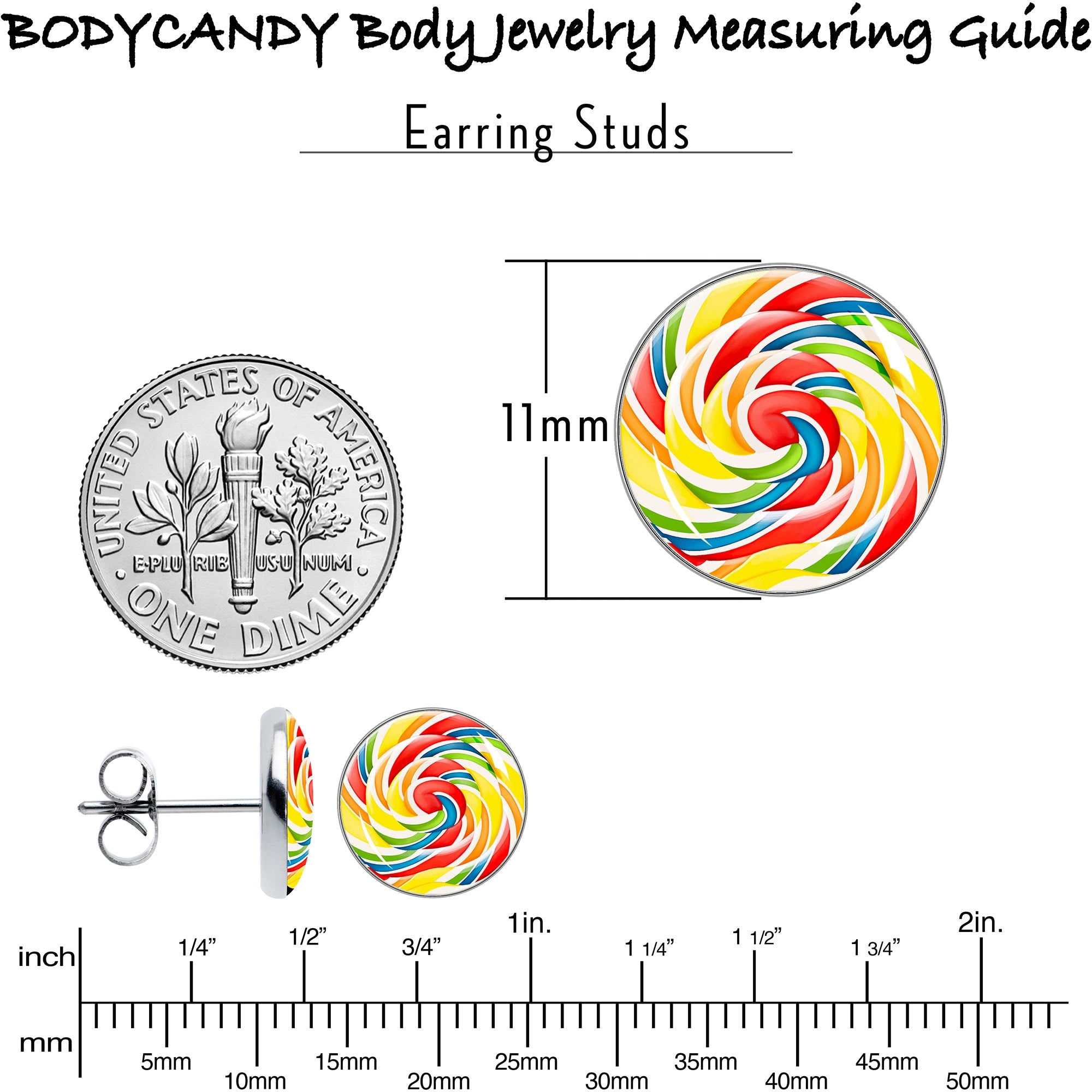 BodyCandy Rainbow Swirl Lollipop Stud Earrings by Onyx O — alternative angle