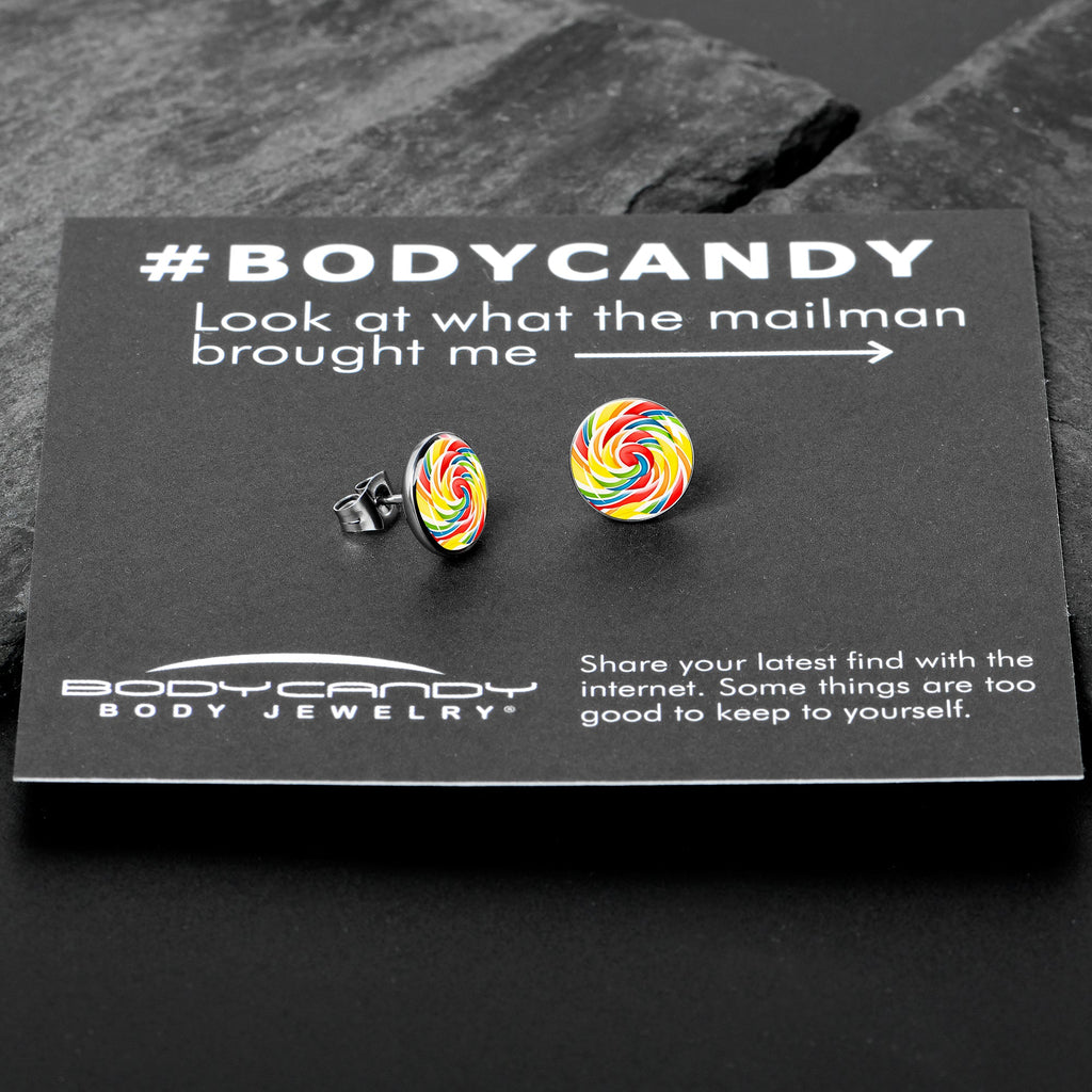 BodyCandy Rainbow Swirl Lollipop Stud Earrings by Onyx O — in-use photo