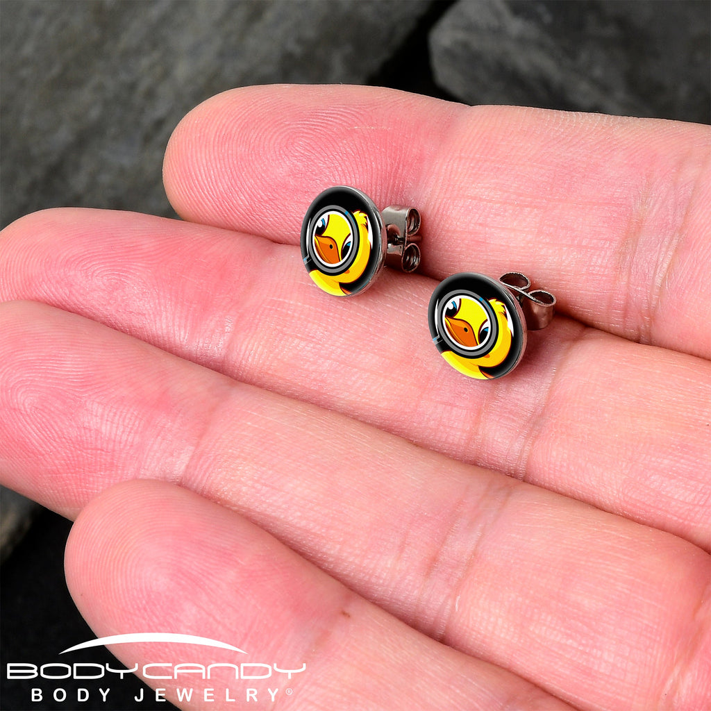 BodyCandy Magnified Yellow Duck Stud Earrings by Onyx O — detail close-up