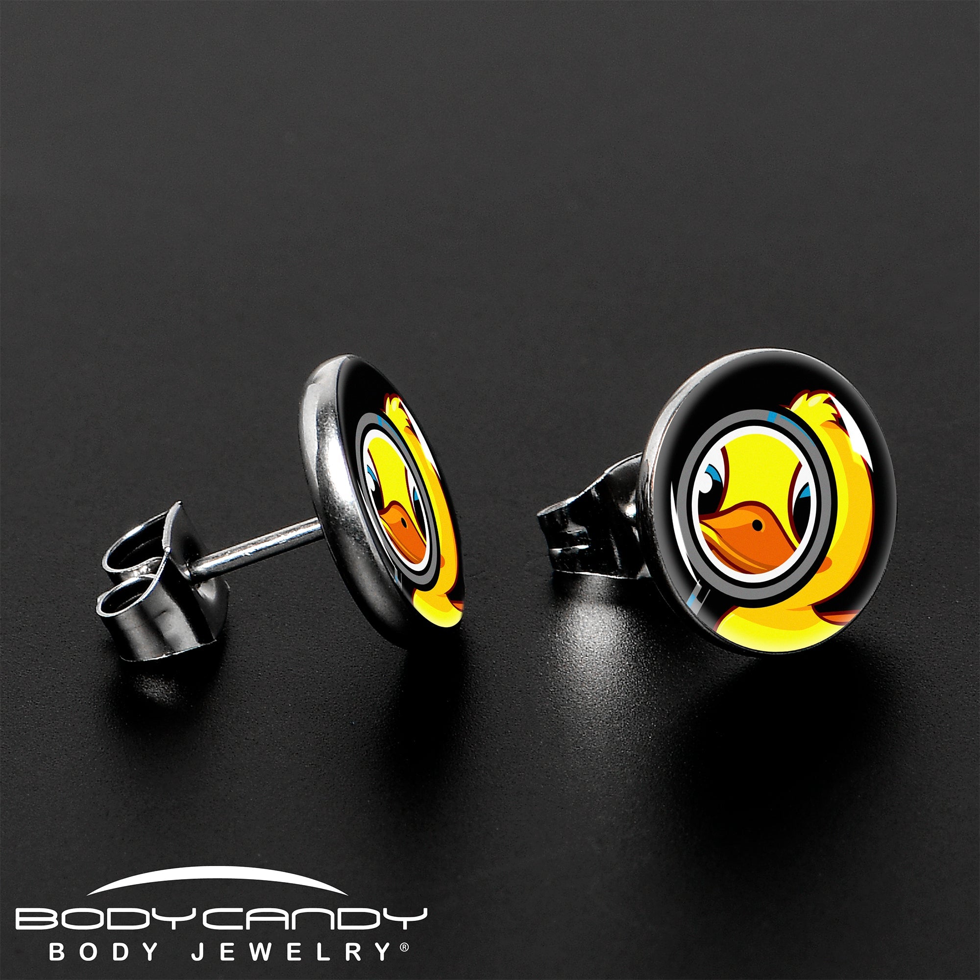 BodyCandy Magnified Yellow Duck Stud Earrings by Onyx O — lifestyle context