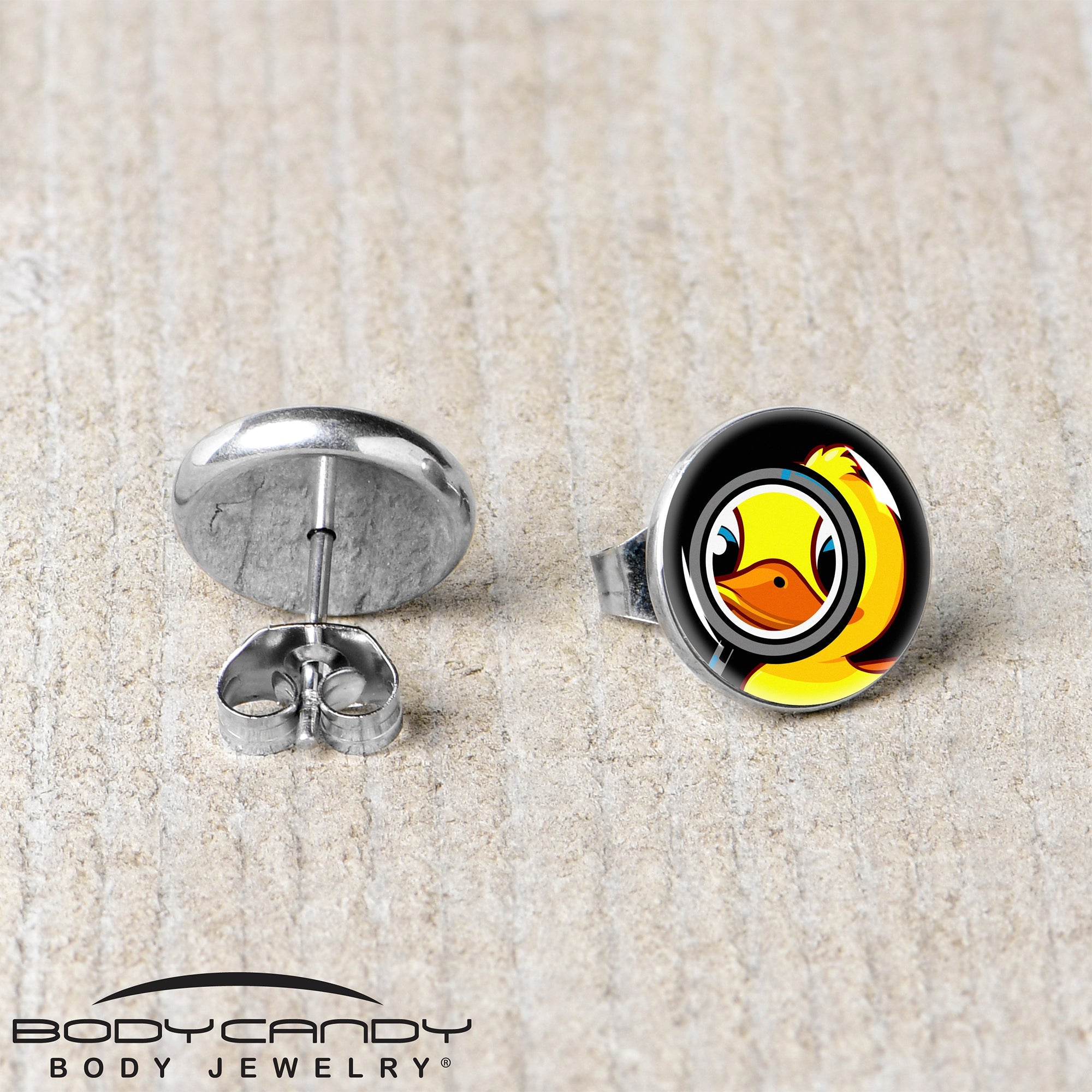BodyCandy Magnified Yellow Duck Stud Earrings by Onyx O — back view