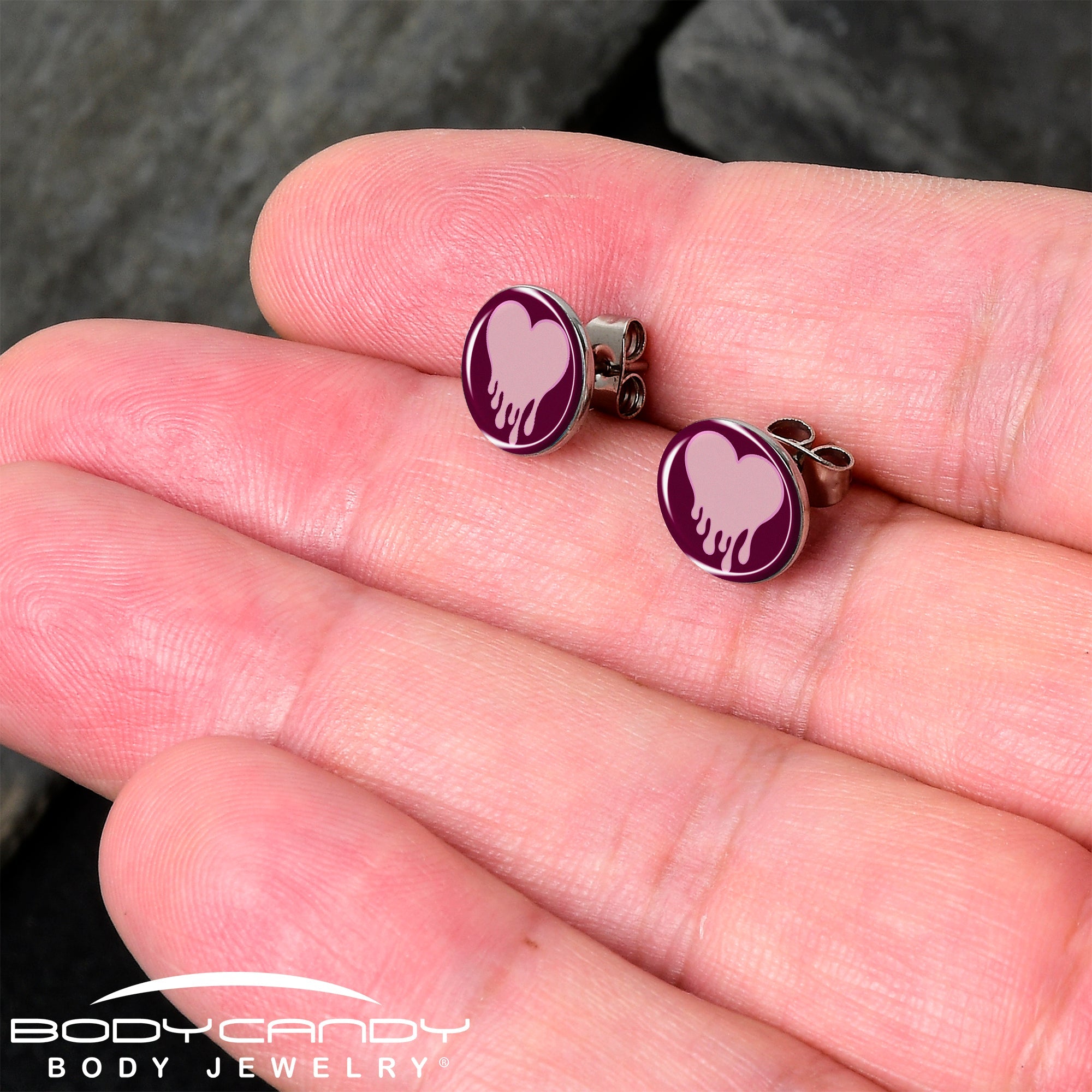 BodyCandy Pinkish Melting Heart Stud Earrings by Onyx O — detail close-up