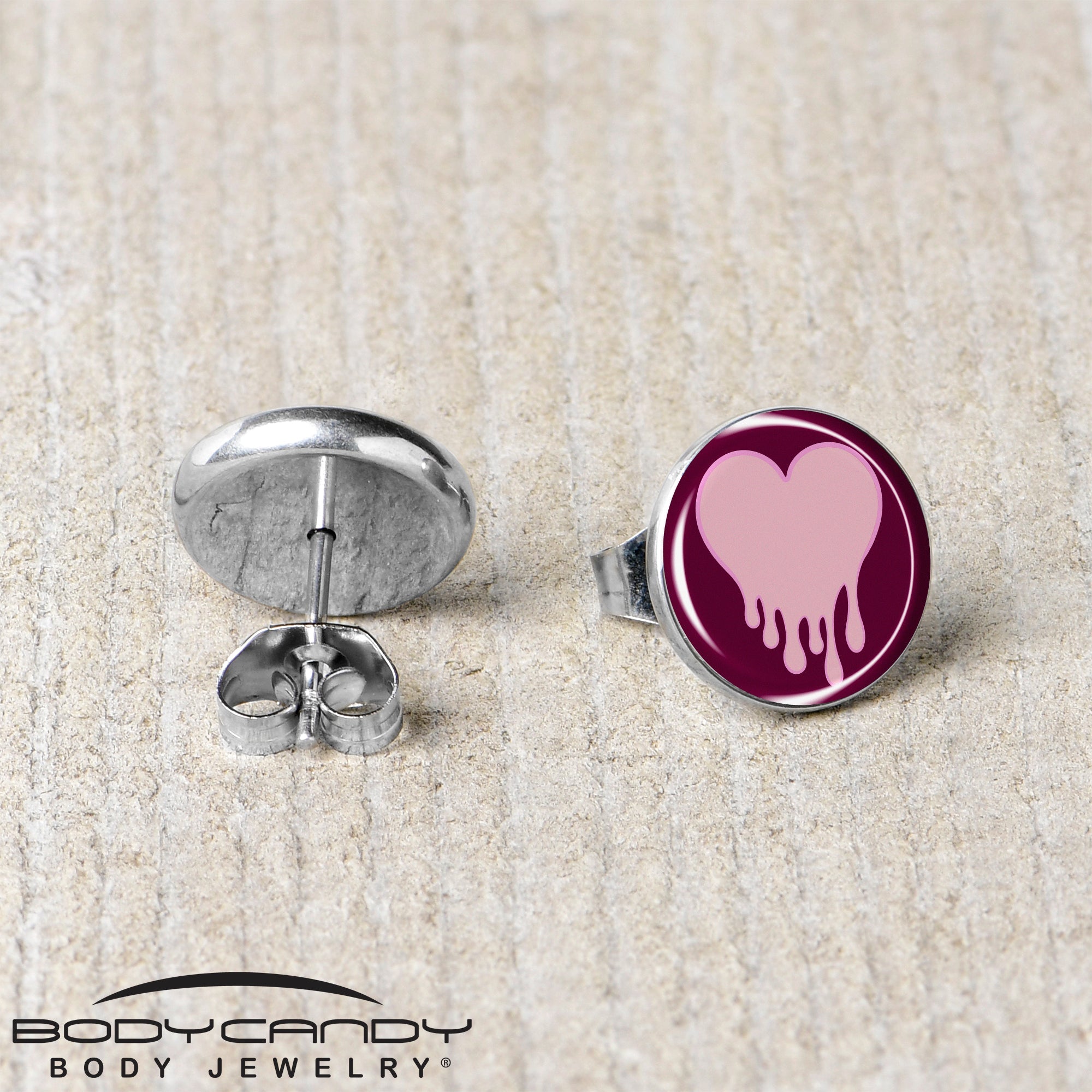 BodyCandy Pinkish Melting Heart Stud Earrings by Onyx O — back view