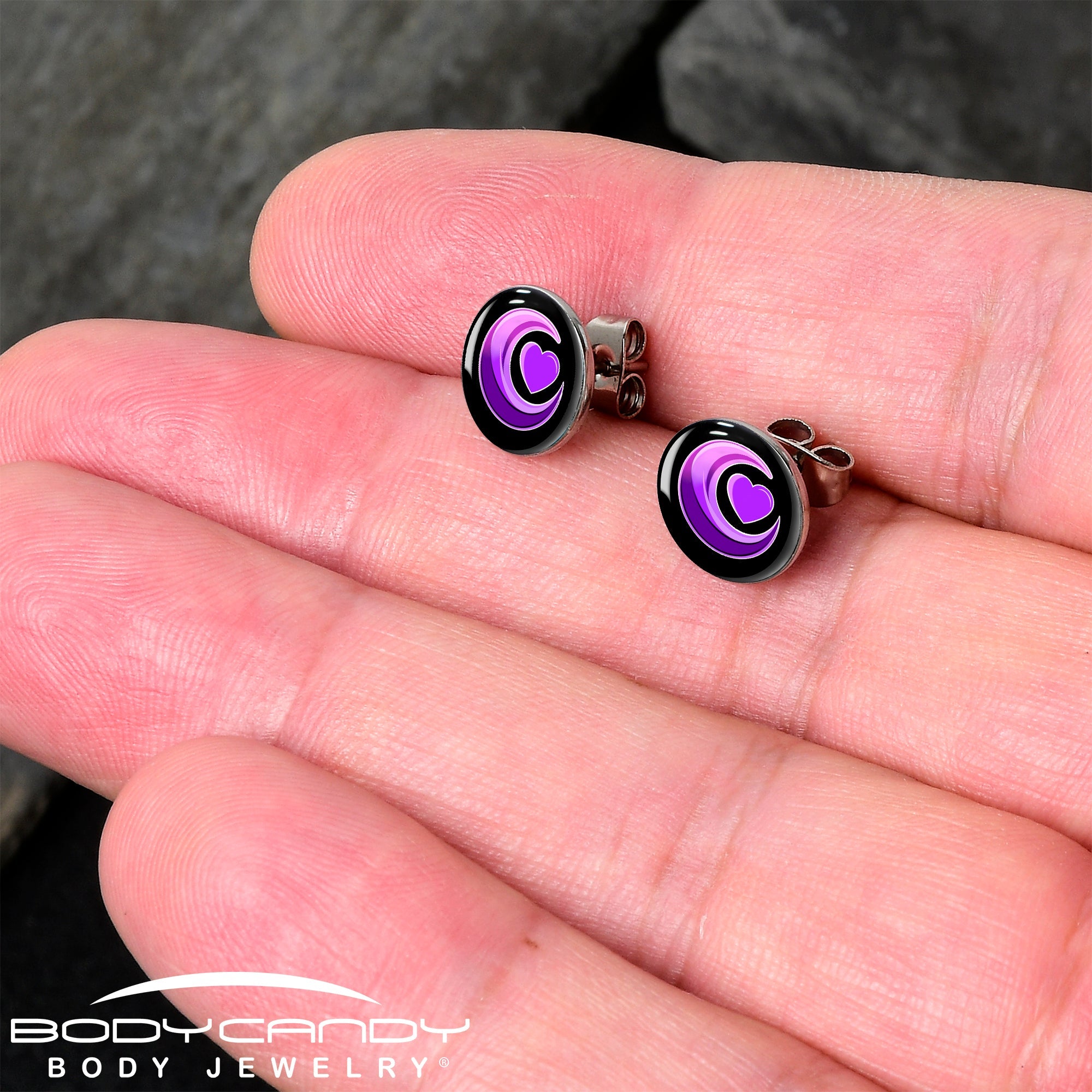 BodyCandy Crescent Moon Heart Stud Earrings by Onyx O — detail close-up